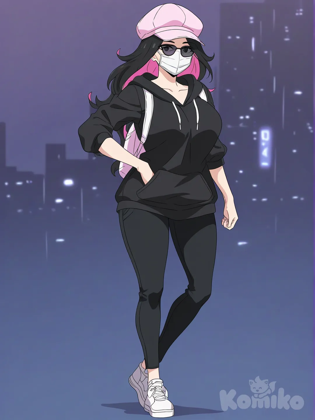 [bright-anime-style] 1girl, mature, curvy, tall_girl, long_hair, loose_hair, two-tone_hair, pink_hair, black_hair, pink_bangs, black_eyes, fair_skin, black_hoodie, black_jeans, pink_cap, pink_decoration, black_backpack, surgical_mask, black_sunglasses, casual, solo, full_body, looking_at_viewer, anime_style, simple_background, city_background