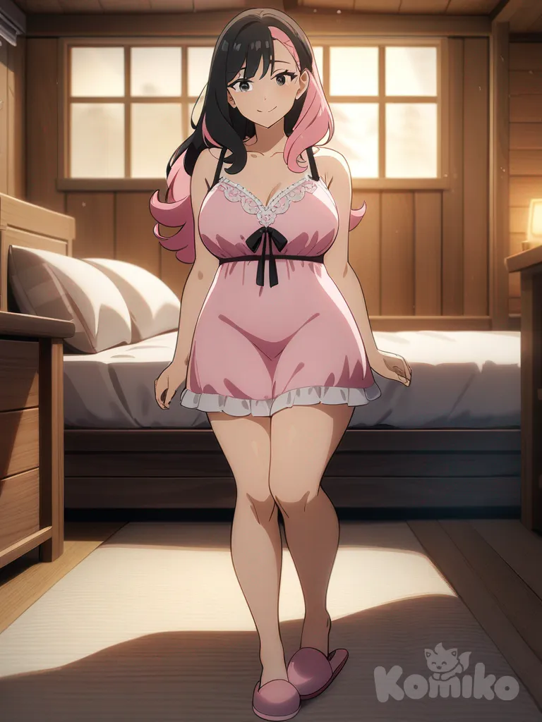 [sketchy-painterly-style] 1girl, smile, mature_female, curvy, long_hair, black_hair, pink_hair, two-tone_hair, black_eyes, fair_skin, pink_babydoll_lingerie_nightdress, pink_slippers, solo, full_body, looking_at_viewer, anime_style, cabin's_room_interior_background
