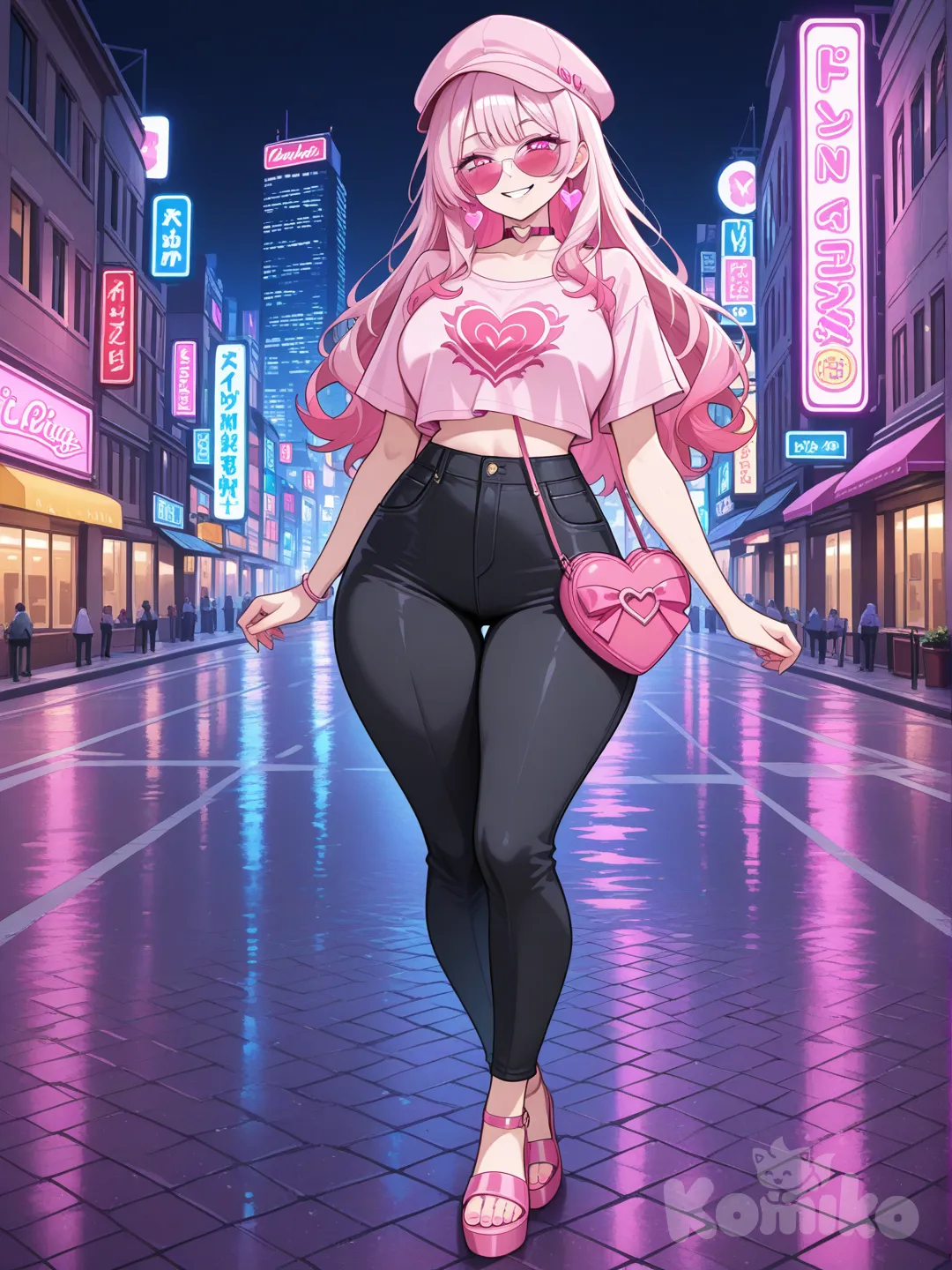 1girl_pink_demon, mature, curvy, tall_girl, natural_long_pink_hair, black_wide_flaps_bang, pink_eyes, fair_skin, hot_pink_crop_top, black_chinos, pink_cap, pink_decoration, pink_heart_purse, neon_pink_heart_sunglasses, heart_choker, pink_wedge_sandal, evil, smile, casual, solo, full_body, looking_at_viewer, anime_style, city_background