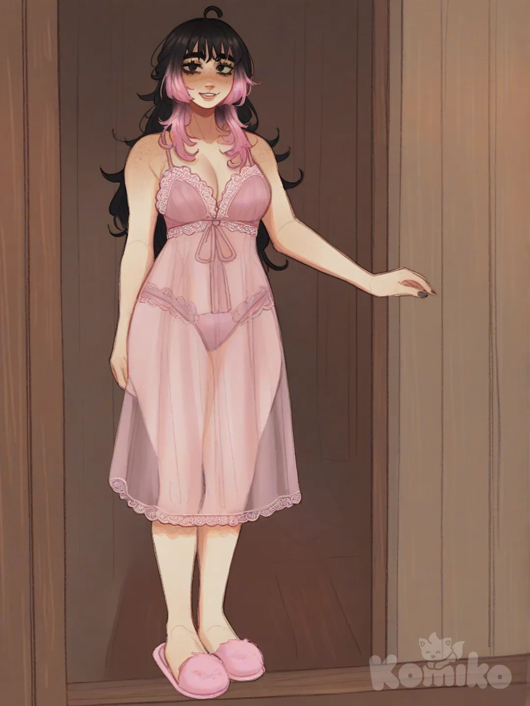 1girl, smile, mature_female, curvy, long_hair, black_hair, pink_hair, two-tone_hair, black_eyes, fair_skin, pink_babydoll_lingerie_nightdress, pink_slippers, solo, full_body, looking_at_viewer, anime_style, cabin's_room_interior_background, [soft-shaded-moe-style]