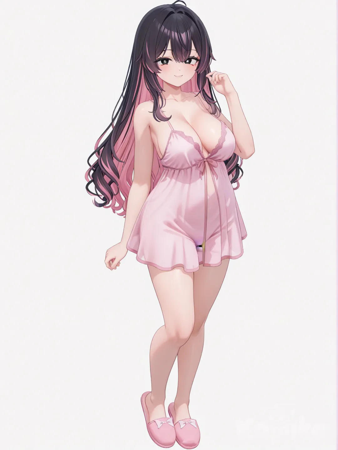 [3d-anime-style] 1girl, smile, mature_female, curvy, long_hair, black_hair, pink_hair, two-tone_hair, black_eyes, fair_skin, pink_babydoll_lingerie_nightdress, pink_slippers, solo, full_body, looking_at_viewer, cabin_room_interior_background, 90s_anime_coloring, anime_style, single_character, full_body, looking_at_viewer, anime_style, simple_background, white_background