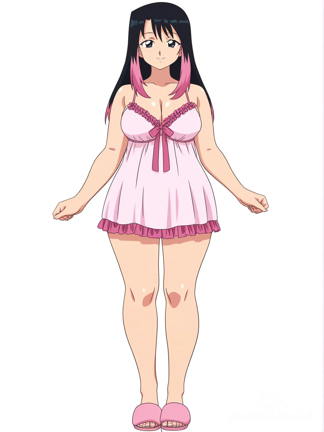 [pop-anime-style] 1girl, smile, mature_female, curvy, long_hair, two-tone_hair, black_hair, pink_hair, black_eyes, fair_skin, pink_babydoll_lingerie_nightdress, pink_slippers, cabin_room_interior_background, 90s_anime_coloring, single character, full body, looking at viewer, anime style, simple background, white background