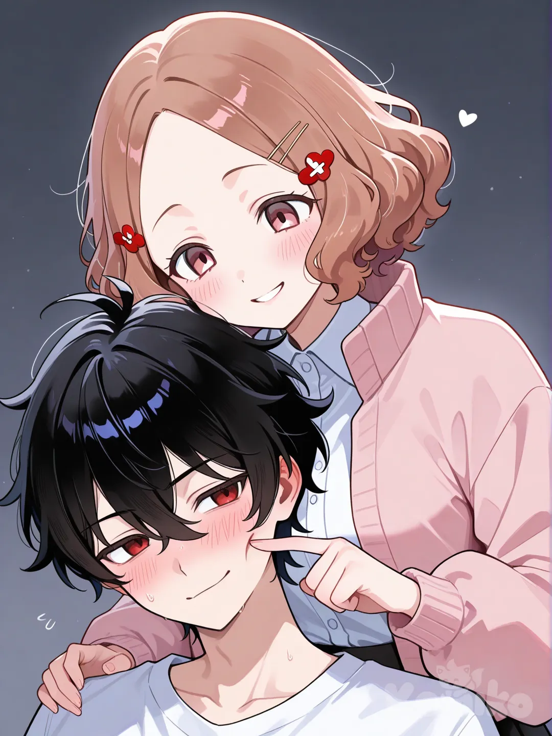 Suzuya juuzou, medium length messy black hair, smile, red eyes, red X hairpin, short male, 

Okumura haru, 1boy, 1girl, blush, cheek poking