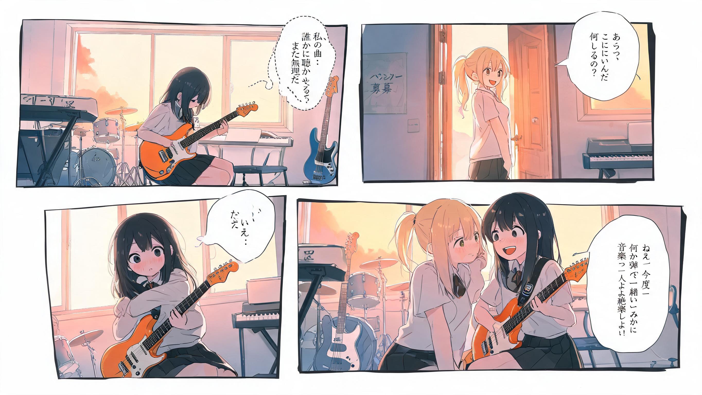 <diagonal-panels>[soft-pastel-style]# **Strings of Tomorrow (明日のストリングス)** ## **Complete Story Overview & Details** --- # **Series Title** # **Strings of Tomorrow** ### **Meaning of the Title** **"Strings"** represents: * Guitar strings
* The instruments that create music
* The emotional connections between people **"Tomorrow"** represents: * Dreams waiting in the future
* The journey ahead
* The hope of becoming something greater The title represents the idea that: > **"The music we create today can become the melody that guides our tomorrow."** --- # **Genre** * Music
* Slice of Life
* School Life
* Comedy
* Romance
* Drama
* Coming-of-Age --- # **Series Description** *Strings of Tomorrow* is a coming-of-age music anime about four high school girls who discover friendship, love, and their own identities through music. The story follows **Rei Miyawaki**, a quiet high school student who dreams of becoming a guitarist and songwriter. Although she loves music deeply, Rei lacks confidence and hides her songs from everyone. She believes her music is not good enough to be heard. Her life changes when she meets **Valerie "Varu" Doncic**, an energetic girl who recognizes something special in Rei's music. Together, they begin a journey to create a band. Along the way, they meet: * **Aria Nolan**, a talented bassist who lost her passion for music
* **Michiko Tomanaga**, a gifted keyboardist who struggles between perfection and emotion Together, they form: # **Chocolate Fountain** A band that is not created by perfect musicians... but by people who need music to express who they truly are. --- # **Core Story Theme** ## **"Music connects people who could never have met otherwise."** The series is not only about becoming famous. It is about: * Finding people who understand you
* Overcoming insecurity
* Accepting imperfections
* Pursuing dreams despite fear
* Growing together --- # **Main Story Outline** --- # **PROLOGUE ARC** ## **"The Beginning of a Melody"** ### **Theme** The first connection. The Prologue introduces the beginning of Chocolate Fountain. --- ## **Part 1 — "The Beginning"** ### **Focus: Rei Miyawaki** Rei is introduced as a lonely guitarist who practices alone after school. She writes songs but never shares them. Music is her escape, but also something she is afraid of showing. Her life changes when an energetic girl named **Valerie "Varu" Doncic** unexpectedly enters the music room. At this point: * Rei does not know Varu is a drummer.
* Varu does not reveal her musical background. They simply connect as two people who love music. --- ## **Part 2 — "The Girl in the Music Room"** ### **Focus: Varu Doncic** Rei discovers that Varu is a drummer. Unlike Rei, Varu believes music should be shared. Varu dreams of creating a band where people can express themselves. She invites Rei to join her. Rei hesitates because she fears she is not talented enough. Varu believes: > "Music doesn't need perfection. It needs honesty." --- ## **Part 3 — "A Melody That Connects"** ### **Focus: Rei, Varu, and Aria** Rei and Varu search for another musician. They meet **Aria Nolan**, a talented bassist. Aria has stopped enjoying music because it became something expected of her. Through Rei and Varu, she begins to remember why she loved music. The three girls begin creating their sound. However... Something is still missing. --- ## **Part 4 — "A Missing Note"** ### **Focus: Michiko Tomanaga** The final piece appears. Michiko is an exceptional keyboardist. Her playing is technically perfect but emotionally distant. She believes music should have no mistakes. At first, she refuses to join. She cannot understand why Rei, Varu, and Aria value emotion over perfection. Through their music, Michiko slowly learns: A mistake can also be part of a beautiful song. She becomes the final member of Chocolate Fountain. --- # **Chocolate Fountain Formation** ## **Members** --- # **Rei Miyawaki** ### **Role** Lead Guitarist
Vocalist
Main Composer ### **Appearance** * Long dark violet hair
* Soft purple eyes
* Gentle appearance ### **Instrument** * Orange Stratocaster-style guitar
* Dream guitar: Fender Telecaster ### **Personality** * Quiet
* Kind
* Creative
* Emotional
* Shy ### **Character Journey** Rei learns: > "Your voice matters, even if it starts quietly." --- # **Valerie "Varu" Doncic** ### **Role** Drummer
Band Leader ### **Appearance** * Blonde high ponytail hair
* Bright expression
* Energetic style ### **Personality** * Cheerful
* Passionate
* Friendly
* Encouraging ### **Character Journey** Varu learns: > "A leader does not only inspire others. They also depend on them." --- # **Aria Nolan** ### **Role** Bassist ### **Appearance** * Long cyan blue hair
* Cool and stylish appearance ### **Personality** * Calm
* Mature
* Reliable
* Honest ### **Instrument** * Metallic blue Fender Jazz Bass style ### **Character Journey** Aria learns: > "Music is not a responsibility. It is something you choose because you love it." --- # **Michiko Tomanaga** ### **Role** Keyboardist
Supporting Vocalist ### **Appearance** * Long navy blue hair
* Elegant appearance ### **Personality** * Intelligent
* Calm
* Perfectionist
* Reserved ### **Instrument** * Keyboard / Digital Piano ### **Character Journey** Michiko learns: > "A perfect performance without emotion is not a true song." --- # **Romance Storyline** ## **Rei Miyawaki × Kensuke** The romance focuses on two people supporting each other's dreams. Kensuke is one of the first people who truly understands Rei. He discovers her songwriting and encourages her. Unlike others who see Rei as shy, Kensuke sees: * Her passion
* Her kindness
* Her determination Their relationship develops slowly through: * Conversations after school
* Supporting each other's goals
* Attending performances
* Sharing personal struggles The romance is a supporting element to Rei's personal growth. --- # **Major Story Arcs** --- # **Arc 1 — Finding Their Sound** Focus: * Formation of Chocolate Fountain
* Learning teamwork
* Discovering each member's strengths --- # **Arc 2 — Friendship Wins** Focus: * Strengthening their bond
* Facing personal struggles
* Understanding what friendship means Main song: ## **"Friendship Wins"** --- # **Arc 3 — New Me** Focus:
Each member faces their own insecurity. They discover that becoming better does not mean becoming someone else. Main song: ## **"New Me"** --- # **Arc 4 — Battle of Bands** Focus:
Chocolate Fountain enters a major competition. They face stronger and more experienced bands. They learn: Winning is not only about being the best. It is about showing who they are. --- # **Arc 5 — Tomorrow's Melody** Focus:
The girls realize their journey is only beginning. They are no longer just classmates. They are a family. --- # **Chocolate Fountain Songs** --- ## **Destiny** Theme:
Meeting people who change your life. Meaning: The people you meet can completely change your future. --- ## **Friendship Wins** Theme:
The strength of friendship. Meaning: Together, people can overcome things they cannot face alone. --- ## **New Me** Theme:
Personal growth. Meaning: You do not need to erase your past to become better. --- ## **Breeze Under the Sakura Tree** Theme:
Youth and memories. Meaning: Small moments become precious memories. --- ## **Ice Cream** Theme:
Happiness. Meaning: Enjoying simple moments with people you care about. --- # **Series Message** At its heart, *Strings of Tomorrow* is a story about: A girl who was afraid to be heard... A group of people who helped her find her voice... And a song that began with one simple note. > **"Even the quietest melody can reach someone, if you have the courage to play it."**