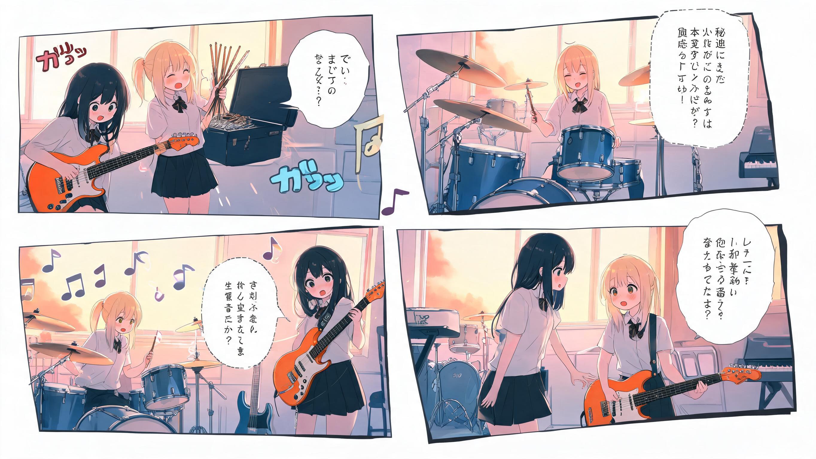 <diagonal-panels>[soft-pastel-style]# **Strings of Tomorrow (明日のストリングス)** ## **Complete Story Overview & Details** --- # **Series Title** # **Strings of Tomorrow** ### **Meaning of the Title** **"Strings"** represents: * Guitar strings
* The instruments that create music
* The emotional connections between people **"Tomorrow"** represents: * Dreams waiting in the future
* The journey ahead
* The hope of becoming something greater The title represents the idea that: > **"The music we create today can become the melody that guides our tomorrow."** --- # **Genre** * Music
* Slice of Life
* School Life
* Comedy
* Romance
* Drama
* Coming-of-Age --- # **Series Description** *Strings of Tomorrow* is a coming-of-age music anime about four high school girls who discover friendship, love, and their own identities through music. The story follows **Rei Miyawaki**, a quiet high school student who dreams of becoming a guitarist and songwriter. Although she loves music deeply, Rei lacks confidence and hides her songs from everyone. She believes her music is not good enough to be heard. Her life changes when she meets **Valerie "Varu" Doncic**, an energetic girl who recognizes something special in Rei's music. Together, they begin a journey to create a band. Along the way, they meet: * **Aria Nolan**, a talented bassist who lost her passion for music
* **Michiko Tomanaga**, a gifted keyboardist who struggles between perfection and emotion Together, they form: # **Chocolate Fountain** A band that is not created by perfect musicians... but by people who need music to express who they truly are. --- # **Core Story Theme** ## **"Music connects people who could never have met otherwise."** The series is not only about becoming famous. It is about: * Finding people who understand you
* Overcoming insecurity
* Accepting imperfections
* Pursuing dreams despite fear
* Growing together --- # **Main Story Outline** --- # **PROLOGUE ARC** ## **"The Beginning of a Melody"** ### **Theme** The first connection. The Prologue introduces the beginning of Chocolate Fountain. --- ## **Part 1 — "The Beginning"** ### **Focus: Rei Miyawaki** Rei is introduced as a lonely guitarist who practices alone after school. She writes songs but never shares them. Music is her escape, but also something she is afraid of showing. Her life changes when an energetic girl named **Valerie "Varu" Doncic** unexpectedly enters the music room. At this point: * Rei does not know Varu is a drummer.
* Varu does not reveal her musical background. They simply connect as two people who love music. --- ## **Part 2 — "The Girl in the Music Room"** ### **Focus: Varu Doncic** Rei discovers that Varu is a drummer. Unlike Rei, Varu believes music should be shared. Varu dreams of creating a band where people can express themselves. She invites Rei to join her. Rei hesitates because she fears she is not talented enough. Varu believes: > "Music doesn't need perfection. It needs honesty." --- ## **Part 3 — "A Melody That Connects"** ### **Focus: Rei, Varu, and Aria** Rei and Varu search for another musician. They meet **Aria Nolan**, a talented bassist. Aria has stopped enjoying music because it became something expected of her. Through Rei and Varu, she begins to remember why she loved music. The three girls begin creating their sound. However... Something is still missing. --- ## **Part 4 — "A Missing Note"** ### **Focus: Michiko Tomanaga** The final piece appears. Michiko is an exceptional keyboardist. Her playing is technically perfect but emotionally distant. She believes music should have no mistakes. At first, she refuses to join. She cannot understand why Rei, Varu, and Aria value emotion over perfection. Through their music, Michiko slowly learns: A mistake can also be part of a beautiful song. She becomes the final member of Chocolate Fountain. --- # **Chocolate Fountain Formation** ## **Members** --- # **Rei Miyawaki** ### **Role** Lead Guitarist
Vocalist
Main Composer ### **Appearance** * Long dark violet hair
* Soft purple eyes
* Gentle appearance ### **Instrument** * Orange Stratocaster-style guitar
* Dream guitar: Fender Telecaster ### **Personality** * Quiet
* Kind
* Creative
* Emotional
* Shy ### **Character Journey** Rei learns: > "Your voice matters, even if it starts quietly." --- # **Valerie "Varu" Doncic** ### **Role** Drummer
Band Leader ### **Appearance** * Blonde high ponytail hair
* Bright expression
* Energetic style ### **Personality** * Cheerful
* Passionate
* Friendly
* Encouraging ### **Character Journey** Varu learns: > "A leader does not only inspire others. They also depend on them." --- # **Aria Nolan** ### **Role** Bassist ### **Appearance** * Long cyan blue hair
* Cool and stylish appearance ### **Personality** * Calm
* Mature
* Reliable
* Honest ### **Instrument** * Metallic blue Fender Jazz Bass style ### **Character Journey** Aria learns: > "Music is not a responsibility. It is something you choose because you love it." --- # **Michiko Tomanaga** ### **Role** Keyboardist
Supporting Vocalist ### **Appearance** * Long navy blue hair
* Elegant appearance ### **Personality** * Intelligent
* Calm
* Perfectionist
* Reserved ### **Instrument** * Keyboard / Digital Piano ### **Character Journey** Michiko learns: > "A perfect performance without emotion is not a true song." --- # **Romance Storyline** ## **Rei Miyawaki × Kensuke** The romance focuses on two people supporting each other's dreams. Kensuke is one of the first people who truly understands Rei. He discovers her songwriting and encourages her. Unlike others who see Rei as shy, Kensuke sees: * Her passion
* Her kindness
* Her determination Their relationship develops slowly through: * Conversations after school
* Supporting each other's goals
* Attending performances
* Sharing personal struggles The romance is a supporting element to Rei's personal growth. --- # **Major Story Arcs** --- # **Arc 1 — Finding Their Sound** Focus: * Formation of Chocolate Fountain
* Learning teamwork
* Discovering each member's strengths --- # **Arc 2 — Friendship Wins** Focus: * Strengthening their bond
* Facing personal struggles
* Understanding what friendship means Main song: ## **"Friendship Wins"** --- # **Arc 3 — New Me** Focus:
Each member faces their own insecurity. They discover that becoming better does not mean becoming someone else. Main song: ## **"New Me"** --- # **Arc 4 — Battle of Bands** Focus:
Chocolate Fountain enters a major competition. They face stronger and more experienced bands. They learn: Winning is not only about being the best. It is about showing who they are. --- # **Arc 5 — Tomorrow's Melody** Focus:
The girls realize their journey is only beginning. They are no longer just classmates. They are a family. --- # **Chocolate Fountain Songs** --- ## **Destiny** Theme:
Meeting people who change your life. Meaning: The people you meet can completely change your future. --- ## **Friendship Wins** Theme:
The strength of friendship. Meaning: Together, people can overcome things they cannot face alone. --- ## **New Me** Theme:
Personal growth. Meaning: You do not need to erase your past to become better. --- ## **Breeze Under the Sakura Tree** Theme:
Youth and memories. Meaning: Small moments become precious memories. --- ## **Ice Cream** Theme:
Happiness. Meaning: Enjoying simple moments with people you care about. --- # **Series Message** At its heart, *Strings of Tomorrow* is a story about: A girl who was afraid to be heard... A group of people who helped her find her voice... And a song that began with one simple note. > **"Even the quietest melody can reach someone, if you have the courage to play it."**