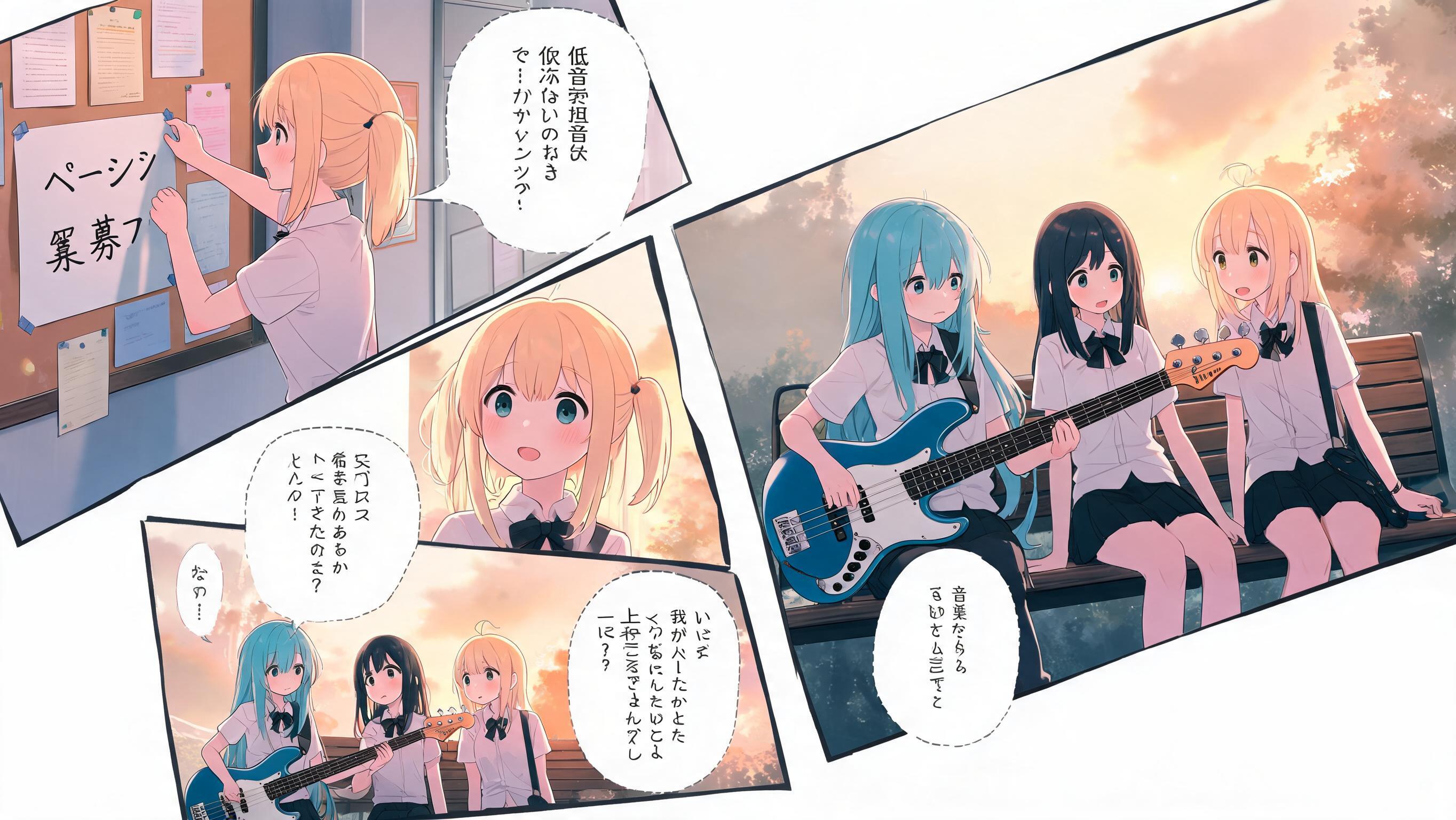 <diagonal-panels>[soft-pastel-style]# **Strings of Tomorrow (明日のストリングス)** ## **Complete Story Overview & Details** --- # **Series Title** # **Strings of Tomorrow** ### **Meaning of the Title** **"Strings"** represents: * Guitar strings
* The instruments that create music
* The emotional connections between people **"Tomorrow"** represents: * Dreams waiting in the future
* The journey ahead
* The hope of becoming something greater The title represents the idea that: > **"The music we create today can become the melody that guides our tomorrow."** --- # **Genre** * Music
* Slice of Life
* School Life
* Comedy
* Romance
* Drama
* Coming-of-Age --- # **Series Description** *Strings of Tomorrow* is a coming-of-age music anime about four high school girls who discover friendship, love, and their own identities through music. The story follows **Rei Miyawaki**, a quiet high school student who dreams of becoming a guitarist and songwriter. Although she loves music deeply, Rei lacks confidence and hides her songs from everyone. She believes her music is not good enough to be heard. Her life changes when she meets **Valerie "Varu" Doncic**, an energetic girl who recognizes something special in Rei's music. Together, they begin a journey to create a band. Along the way, they meet: * **Aria Nolan**, a talented bassist who lost her passion for music
* **Michiko Tomanaga**, a gifted keyboardist who struggles between perfection and emotion Together, they form: # **Chocolate Fountain** A band that is not created by perfect musicians... but by people who need music to express who they truly are. --- # **Core Story Theme** ## **"Music connects people who could never have met otherwise."** The series is not only about becoming famous. It is about: * Finding people who understand you
* Overcoming insecurity
* Accepting imperfections
* Pursuing dreams despite fear
* Growing together --- # **Main Story Outline** --- # **PROLOGUE ARC** ## **"The Beginning of a Melody"** ### **Theme** The first connection. The Prologue introduces the beginning of Chocolate Fountain. --- ## **Part 1 — "The Beginning"** ### **Focus: Rei Miyawaki** Rei is introduced as a lonely guitarist who practices alone after school. She writes songs but never shares them. Music is her escape, but also something she is afraid of showing. Her life changes when an energetic girl named **Valerie "Varu" Doncic** unexpectedly enters the music room. At this point: * Rei does not know Varu is a drummer.
* Varu does not reveal her musical background. They simply connect as two people who love music. --- ## **Part 2 — "The Girl in the Music Room"** ### **Focus: Varu Doncic** Rei discovers that Varu is a drummer. Unlike Rei, Varu believes music should be shared. Varu dreams of creating a band where people can express themselves. She invites Rei to join her. Rei hesitates because she fears she is not talented enough. Varu believes: > "Music doesn't need perfection. It needs honesty." --- ## **Part 3 — "A Melody That Connects"** ### **Focus: Rei, Varu, and Aria** Rei and Varu search for another musician. They meet **Aria Nolan**, a talented bassist. Aria has stopped enjoying music because it became something expected of her. Through Rei and Varu, she begins to remember why she loved music. The three girls begin creating their sound. However... Something is still missing. --- ## **Part 4 — "A Missing Note"** ### **Focus: Michiko Tomanaga** The final piece appears. Michiko is an exceptional keyboardist. Her playing is technically perfect but emotionally distant. She believes music should have no mistakes. At first, she refuses to join. She cannot understand why Rei, Varu, and Aria value emotion over perfection. Through their music, Michiko slowly learns: A mistake can also be part of a beautiful song. She becomes the final member of Chocolate Fountain. --- # **Chocolate Fountain Formation** ## **Members** --- # **Rei Miyawaki** ### **Role** Lead Guitarist
Vocalist
Main Composer ### **Appearance** * Long dark violet hair
* Soft purple eyes
* Gentle appearance ### **Instrument** * Orange Stratocaster-style guitar
* Dream guitar: Fender Telecaster ### **Personality** * Quiet
* Kind
* Creative
* Emotional
* Shy ### **Character Journey** Rei learns: > "Your voice matters, even if it starts quietly." --- # **Valerie "Varu" Doncic** ### **Role** Drummer
Band Leader ### **Appearance** * Blonde high ponytail hair
* Bright expression
* Energetic style ### **Personality** * Cheerful
* Passionate
* Friendly
* Encouraging ### **Character Journey** Varu learns: > "A leader does not only inspire others. They also depend on them." --- # **Aria Nolan** ### **Role** Bassist ### **Appearance** * Long cyan blue hair
* Cool and stylish appearance ### **Personality** * Calm
* Mature
* Reliable
* Honest ### **Instrument** * Metallic blue Fender Jazz Bass style ### **Character Journey** Aria learns: > "Music is not a responsibility. It is something you choose because you love it." --- # **Michiko Tomanaga** ### **Role** Keyboardist
Supporting Vocalist ### **Appearance** * Long navy blue hair
* Elegant appearance ### **Personality** * Intelligent
* Calm
* Perfectionist
* Reserved ### **Instrument** * Keyboard / Digital Piano ### **Character Journey** Michiko learns: > "A perfect performance without emotion is not a true song." --- # **Romance Storyline** ## **Rei Miyawaki × Kensuke** The romance focuses on two people supporting each other's dreams. Kensuke is one of the first people who truly understands Rei. He discovers her songwriting and encourages her. Unlike others who see Rei as shy, Kensuke sees: * Her passion
* Her kindness
* Her determination Their relationship develops slowly through: * Conversations after school
* Supporting each other's goals
* Attending performances
* Sharing personal struggles The romance is a supporting element to Rei's personal growth. --- # **Major Story Arcs** --- # **Arc 1 — Finding Their Sound** Focus: * Formation of Chocolate Fountain
* Learning teamwork
* Discovering each member's strengths --- # **Arc 2 — Friendship Wins** Focus: * Strengthening their bond
* Facing personal struggles
* Understanding what friendship means Main song: ## **"Friendship Wins"** --- # **Arc 3 — New Me** Focus:
Each member faces their own insecurity. They discover that becoming better does not mean becoming someone else. Main song: ## **"New Me"** --- # **Arc 4 — Battle of Bands** Focus:
Chocolate Fountain enters a major competition. They face stronger and more experienced bands. They learn: Winning is not only about being the best. It is about showing who they are. --- # **Arc 5 — Tomorrow's Melody** Focus:
The girls realize their journey is only beginning. They are no longer just classmates. They are a family. --- # **Chocolate Fountain Songs** --- ## **Destiny** Theme:
Meeting people who change your life. Meaning: The people you meet can completely change your future. --- ## **Friendship Wins** Theme:
The strength of friendship. Meaning: Together, people can overcome things they cannot face alone. --- ## **New Me** Theme:
Personal growth. Meaning: You do not need to erase your past to become better. --- ## **Breeze Under the Sakura Tree** Theme:
Youth and memories. Meaning: Small moments become precious memories. --- ## **Ice Cream** Theme:
Happiness. Meaning: Enjoying simple moments with people you care about. --- # **Series Message** At its heart, *Strings of Tomorrow* is a story about: A girl who was afraid to be heard... A group of people who helped her find her voice... And a song that began with one simple note. > **"Even the quietest melody can reach someone, if you have the courage to play it."**