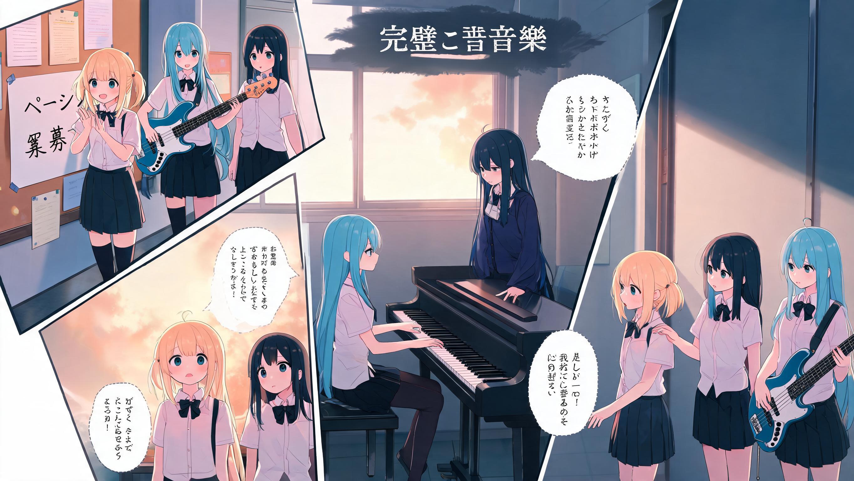 <diagonal-panels>[soft-pastel-style]# **Strings of Tomorrow (明日のストリングス)** ## **Complete Story Overview & Details** --- # **Series Title** # **Strings of Tomorrow** ### **Meaning of the Title** **"Strings"** represents: * Guitar strings
* The instruments that create music
* The emotional connections between people **"Tomorrow"** represents: * Dreams waiting in the future
* The journey ahead
* The hope of becoming something greater The title represents the idea that: > **"The music we create today can become the melody that guides our tomorrow."** --- # **Genre** * Music
* Slice of Life
* School Life
* Comedy
* Romance
* Drama
* Coming-of-Age --- # **Series Description** *Strings of Tomorrow* is a coming-of-age music anime about four high school girls who discover friendship, love, and their own identities through music. The story follows **Rei Miyawaki**, a quiet high school student who dreams of becoming a guitarist and songwriter. Although she loves music deeply, Rei lacks confidence and hides her songs from everyone. She believes her music is not good enough to be heard. Her life changes when she meets **Valerie "Varu" Doncic**, an energetic girl who recognizes something special in Rei's music. Together, they begin a journey to create a band. Along the way, they meet: * **Aria Nolan**, a talented bassist who lost her passion for music
* **Michiko Tomanaga**, a gifted keyboardist who struggles between perfection and emotion Together, they form: # **Chocolate Fountain** A band that is not created by perfect musicians... but by people who need music to express who they truly are. --- # **Core Story Theme** ## **"Music connects people who could never have met otherwise."** The series is not only about becoming famous. It is about: * Finding people who understand you
* Overcoming insecurity
* Accepting imperfections
* Pursuing dreams despite fear
* Growing together --- # **Main Story Outline** --- # **PROLOGUE ARC** ## **"The Beginning of a Melody"** ### **Theme** The first connection. The Prologue introduces the beginning of Chocolate Fountain. --- ## **Part 1 — "The Beginning"** ### **Focus: Rei Miyawaki** Rei is introduced as a lonely guitarist who practices alone after school. She writes songs but never shares them. Music is her escape, but also something she is afraid of showing. Her life changes when an energetic girl named **Valerie "Varu" Doncic** unexpectedly enters the music room. At this point: * Rei does not know Varu is a drummer.
* Varu does not reveal her musical background. They simply connect as two people who love music. --- ## **Part 2 — "The Girl in the Music Room"** ### **Focus: Varu Doncic** Rei discovers that Varu is a drummer. Unlike Rei, Varu believes music should be shared. Varu dreams of creating a band where people can express themselves. She invites Rei to join her. Rei hesitates because she fears she is not talented enough. Varu believes: > "Music doesn't need perfection. It needs honesty." --- ## **Part 3 — "A Melody That Connects"** ### **Focus: Rei, Varu, and Aria** Rei and Varu search for another musician. They meet **Aria Nolan**, a talented bassist. Aria has stopped enjoying music because it became something expected of her. Through Rei and Varu, she begins to remember why she loved music. The three girls begin creating their sound. However... Something is still missing. --- ## **Part 4 — "A Missing Note"** ### **Focus: Michiko Tomanaga** The final piece appears. Michiko is an exceptional keyboardist. Her playing is technically perfect but emotionally distant. She believes music should have no mistakes. At first, she refuses to join. She cannot understand why Rei, Varu, and Aria value emotion over perfection. Through their music, Michiko slowly learns: A mistake can also be part of a beautiful song. She becomes the final member of Chocolate Fountain. --- # **Chocolate Fountain Formation** ## **Members** --- # **Rei Miyawaki** ### **Role** Lead Guitarist
Vocalist
Main Composer ### **Appearance** * Long dark violet hair
* Soft purple eyes
* Gentle appearance ### **Instrument** * Orange Stratocaster-style guitar
* Dream guitar: Fender Telecaster ### **Personality** * Quiet
* Kind
* Creative
* Emotional
* Shy ### **Character Journey** Rei learns: > "Your voice matters, even if it starts quietly." --- # **Valerie "Varu" Doncic** ### **Role** Drummer
Band Leader ### **Appearance** * Blonde high ponytail hair
* Bright expression
* Energetic style ### **Personality** * Cheerful
* Passionate
* Friendly
* Encouraging ### **Character Journey** Varu learns: > "A leader does not only inspire others. They also depend on them." --- # **Aria Nolan** ### **Role** Bassist ### **Appearance** * Long cyan blue hair
* Cool and stylish appearance ### **Personality** * Calm
* Mature
* Reliable
* Honest ### **Instrument** * Metallic blue Fender Jazz Bass style ### **Character Journey** Aria learns: > "Music is not a responsibility. It is something you choose because you love it." --- # **Michiko Tomanaga** ### **Role** Keyboardist
Supporting Vocalist ### **Appearance** * Long navy blue hair
* Elegant appearance ### **Personality** * Intelligent
* Calm
* Perfectionist
* Reserved ### **Instrument** * Keyboard / Digital Piano ### **Character Journey** Michiko learns: > "A perfect performance without emotion is not a true song." --- # **Romance Storyline** ## **Rei Miyawaki × Kensuke** The romance focuses on two people supporting each other's dreams. Kensuke is one of the first people who truly understands Rei. He discovers her songwriting and encourages her. Unlike others who see Rei as shy, Kensuke sees: * Her passion
* Her kindness
* Her determination Their relationship develops slowly through: * Conversations after school
* Supporting each other's goals
* Attending performances
* Sharing personal struggles The romance is a supporting element to Rei's personal growth. --- # **Major Story Arcs** --- # **Arc 1 — Finding Their Sound** Focus: * Formation of Chocolate Fountain
* Learning teamwork
* Discovering each member's strengths --- # **Arc 2 — Friendship Wins** Focus: * Strengthening their bond
* Facing personal struggles
* Understanding what friendship means Main song: ## **"Friendship Wins"** --- # **Arc 3 — New Me** Focus:
Each member faces their own insecurity. They discover that becoming better does not mean becoming someone else. Main song: ## **"New Me"** --- # **Arc 4 — Battle of Bands** Focus:
Chocolate Fountain enters a major competition. They face stronger and more experienced bands. They learn: Winning is not only about being the best. It is about showing who they are. --- # **Arc 5 — Tomorrow's Melody** Focus:
The girls realize their journey is only beginning. They are no longer just classmates. They are a family. --- # **Chocolate Fountain Songs** --- ## **Destiny** Theme:
Meeting people who change your life. Meaning: The people you meet can completely change your future. --- ## **Friendship Wins** Theme:
The strength of friendship. Meaning: Together, people can overcome things they cannot face alone. --- ## **New Me** Theme:
Personal growth. Meaning: You do not need to erase your past to become better. --- ## **Breeze Under the Sakura Tree** Theme:
Youth and memories. Meaning: Small moments become precious memories. --- ## **Ice Cream** Theme:
Happiness. Meaning: Enjoying simple moments with people you care about. --- # **Series Message** At its heart, *Strings of Tomorrow* is a story about: A girl who was afraid to be heard... A group of people who helped her find her voice... And a song that began with one simple note. > **"Even the quietest melody can reach someone, if you have the courage to play it."**