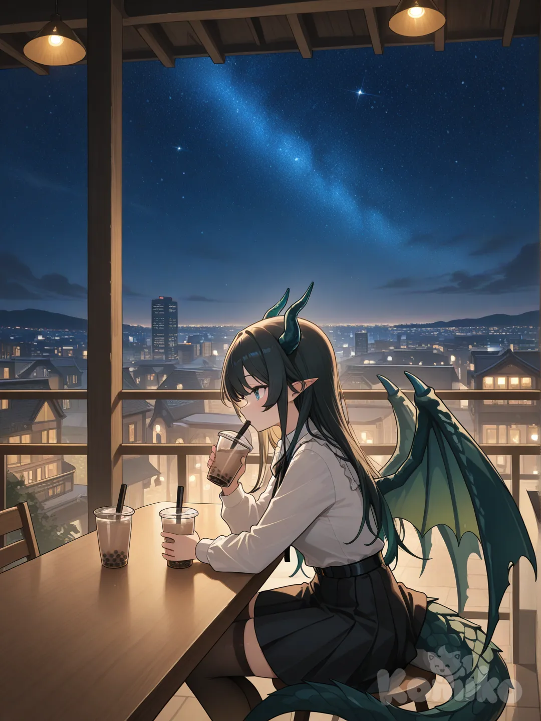 dragon girl, night, cafe, bubble tea