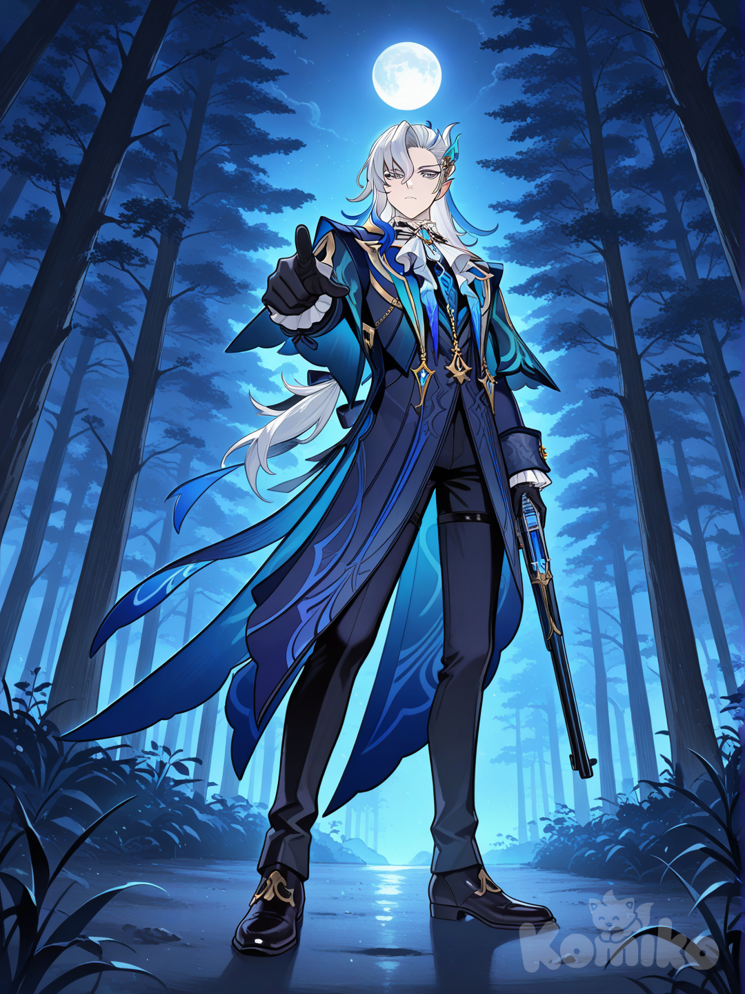 @Neuvillette_(Genshin_Impact), holding gun, pointing at viewer, full body, looking at viewer, from below, night, forest