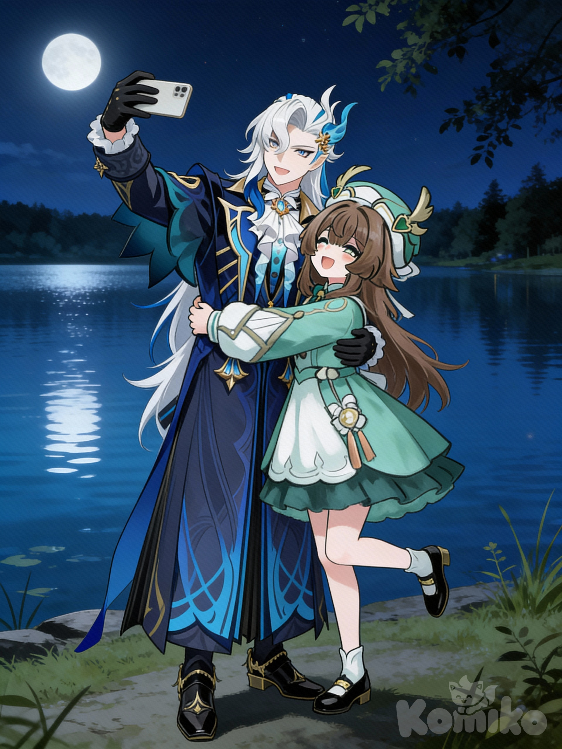 @Neuvillette_(Genshin_Impact), @milana-oZSS, selfie, hugging, laughing, full body, night, lake