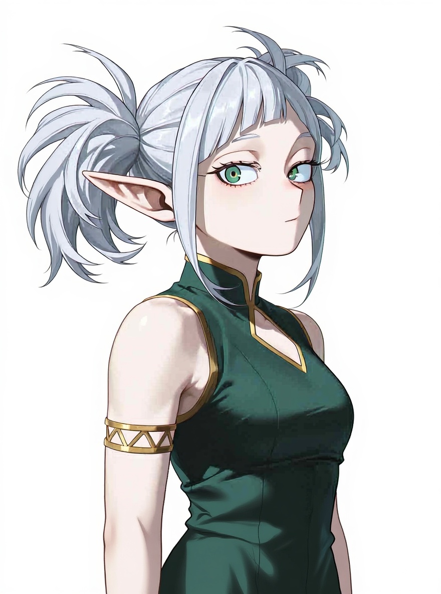1girl, download, petite, female elf, green eyes, thick eyebrows, long silver hair, hair parted in the middle, high pigtails, pointed ears, single character, full body, looking at viewer, anime style, simple background, white background