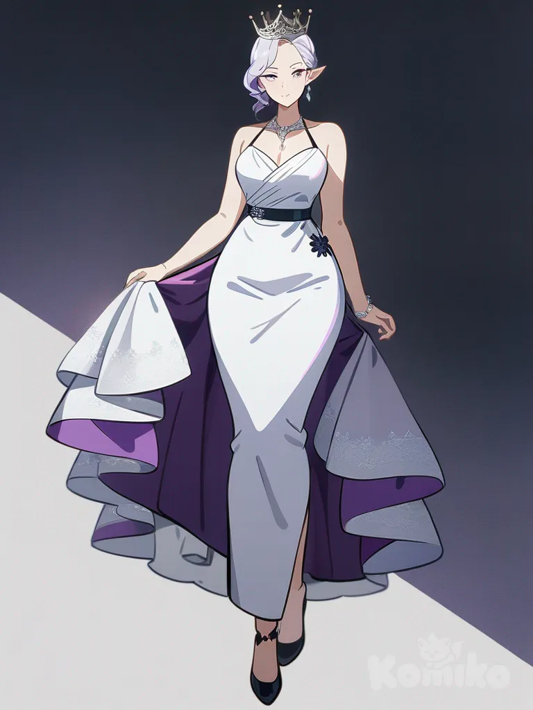 1girl, elf, mature, curvy, purple hair, silver hair, purple eyes, freckles, fair skin, evening dress, lace, earrings, necklace, diamonds, crown, single character, full body, looking at viewer, anime style, simple background, white background