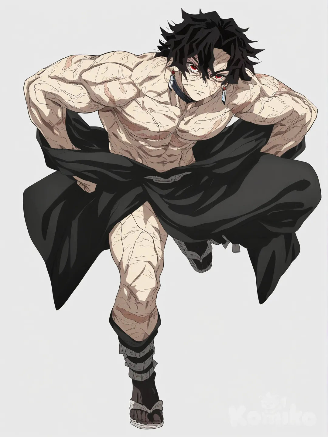 [bright-anime-style] 1boy, demon, demon slayer style, teenager, tall, muscular, wavy black hair, red eyes, pale skin, scar, kimono, earrings, choker, single character, full body, looking at viewer, anime style, simple background, white background