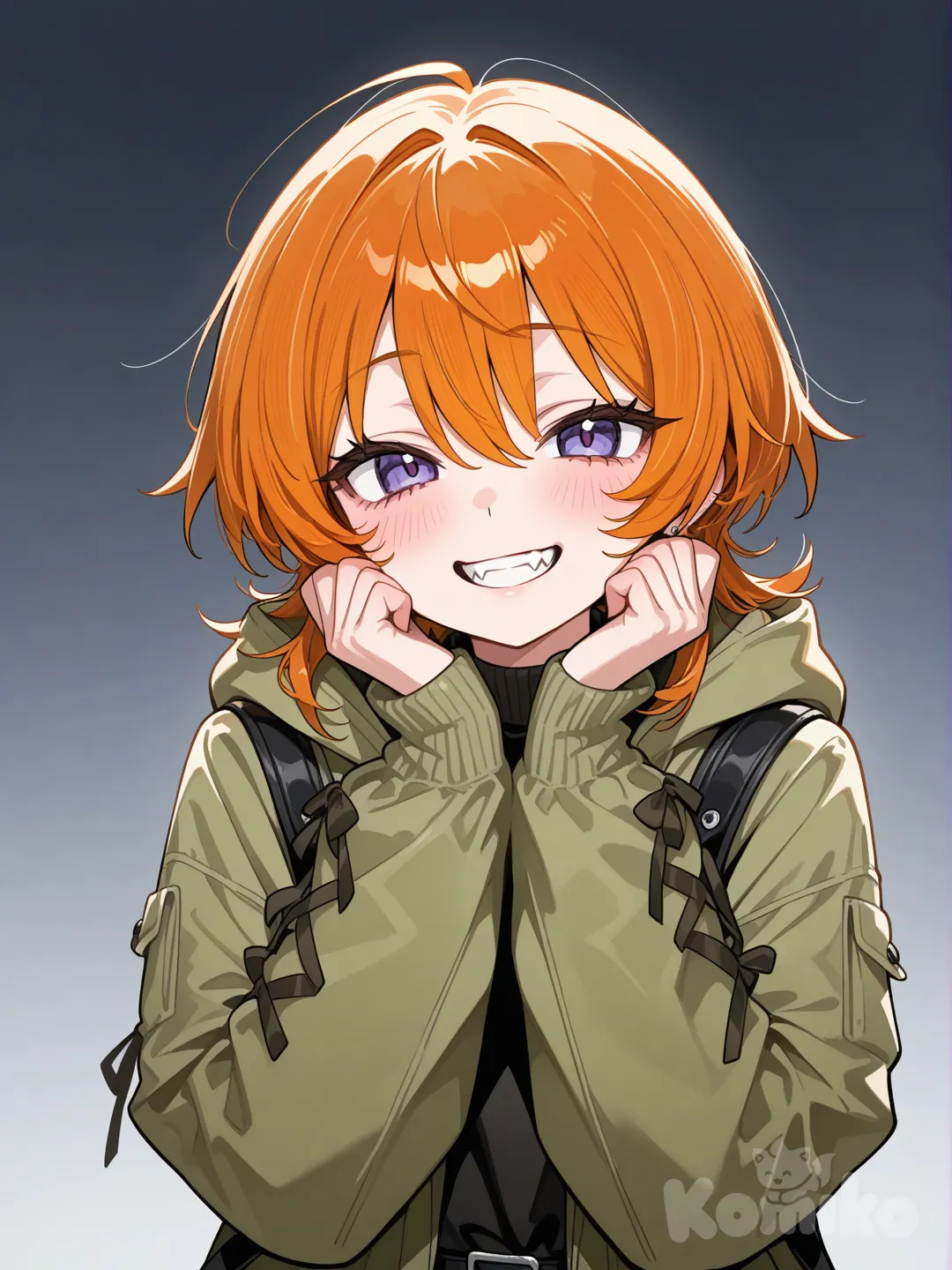 a short girl with a sly smile and a protruding canine tooth, orange hair