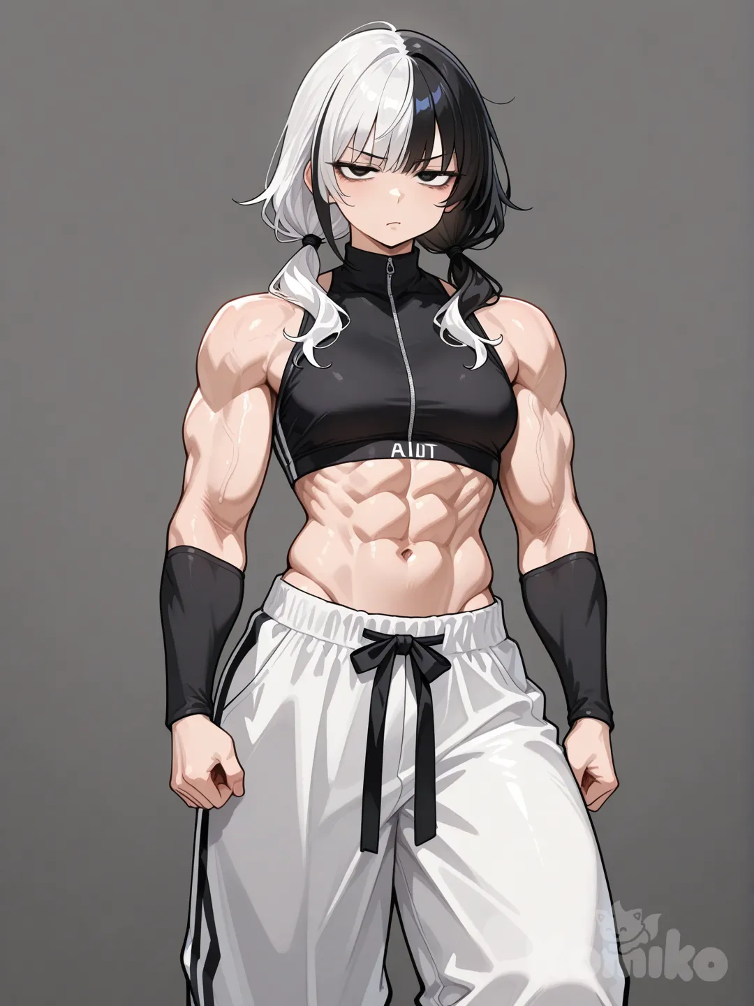 1girl 
Hair:
• Clearly parted into two colors: half white, half black
• Gathered into two symmetrical low ponytails
• Full bangs covering the forehead, also two-toned
Face:
• Tired or bored expression
• Large, slightly half-closed eyes
• Stern or annoyed look
• Fine, delicate features
Body:
• Very athletic physique
• Well-defined arm and abdominal muscles
• Broad shoulders and confident posture
Clothing:
• Tight-fitting, dark, long-sleeved top
• Loose-fitting, light-colored martial arts pants (gi)