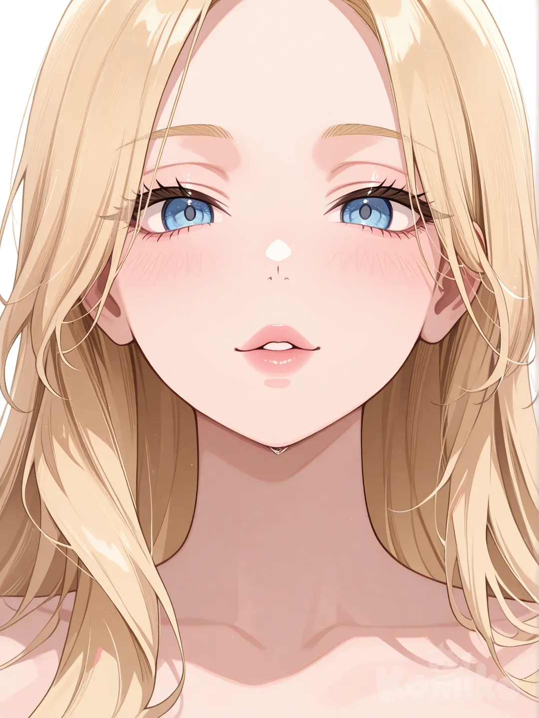 a beautiful girl with very long, light yellow hair, full lips and blue eyes