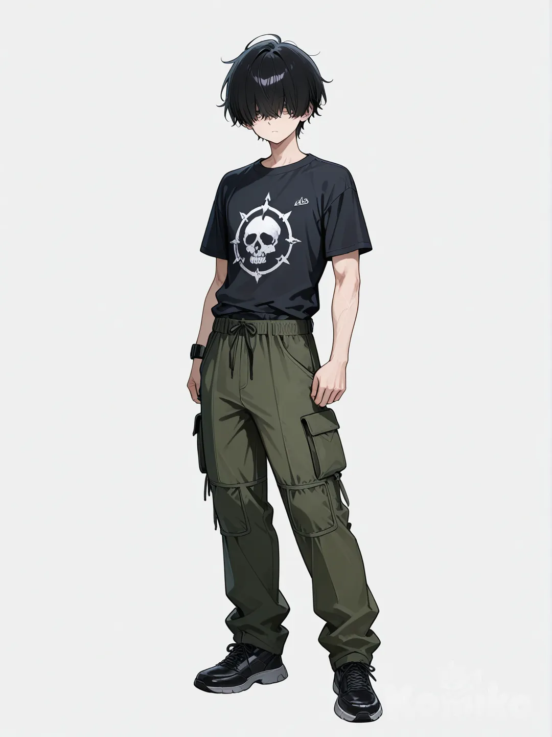 1boy, short, slim, toned, black hair, hair over eyes, t-shirt, cargo pants, single character, full body, looking at viewer, anime style, simple background, white background