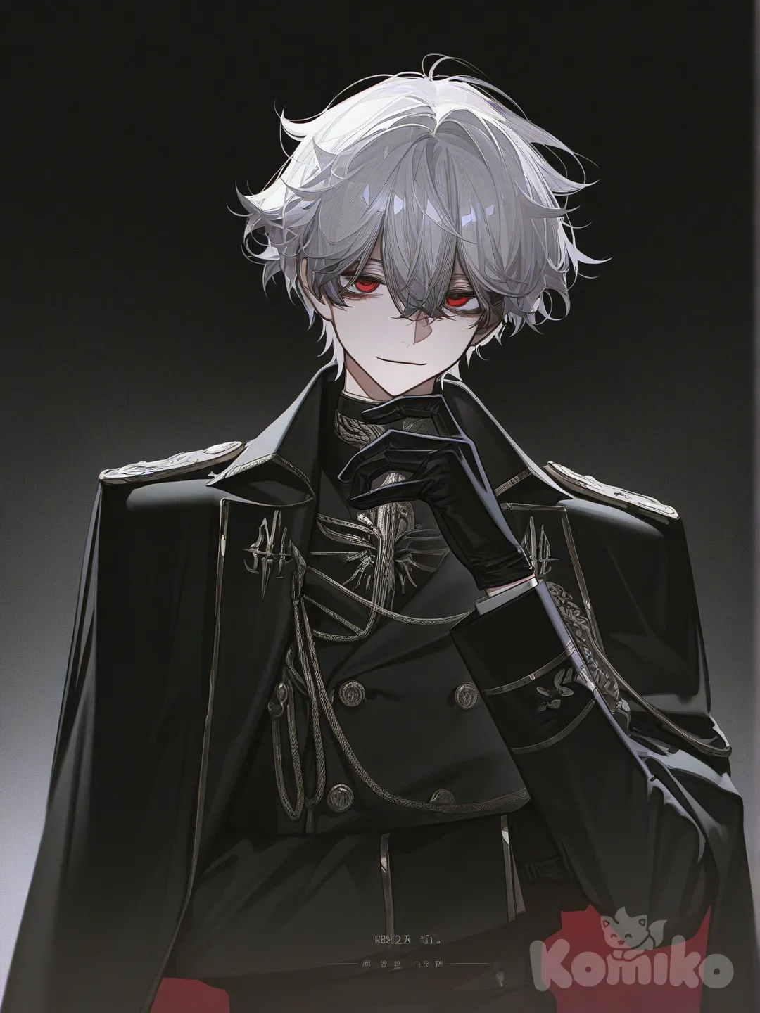 1boy, white hair,military ,uniformMessy hair,Dark circles around the eyes,black gloves,Red eyes, [high-contrast-glossy-style]
