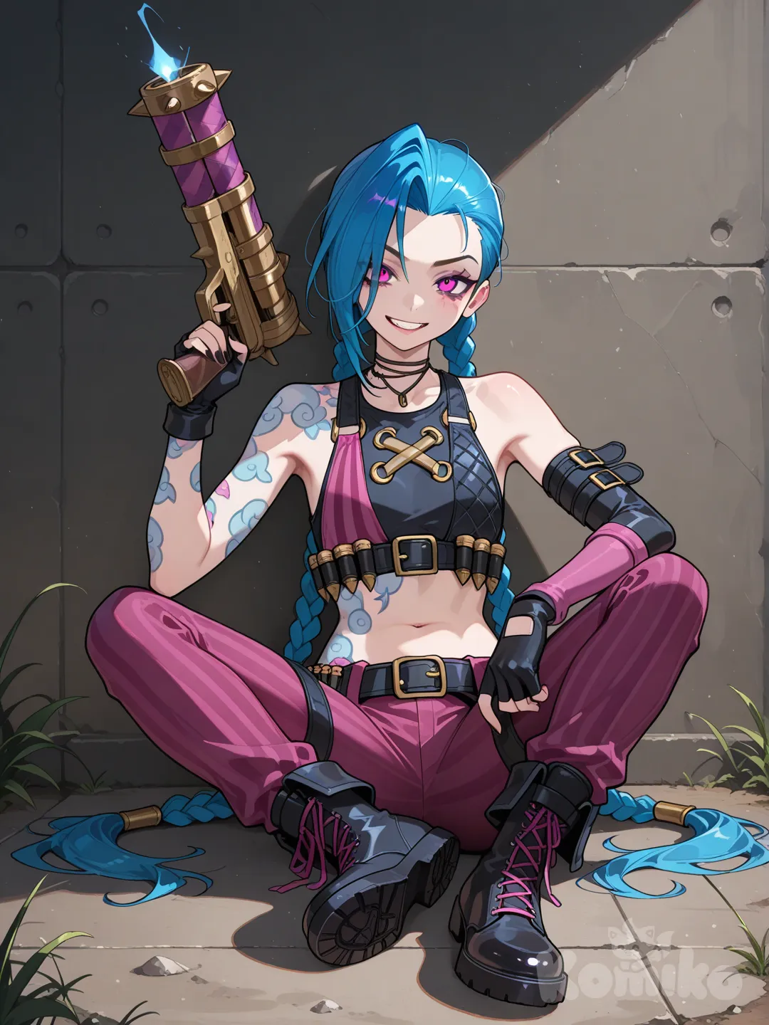 @Jinx_(League_Of_Legends), sitting on the ground, holding gun, full body, looking at viewer