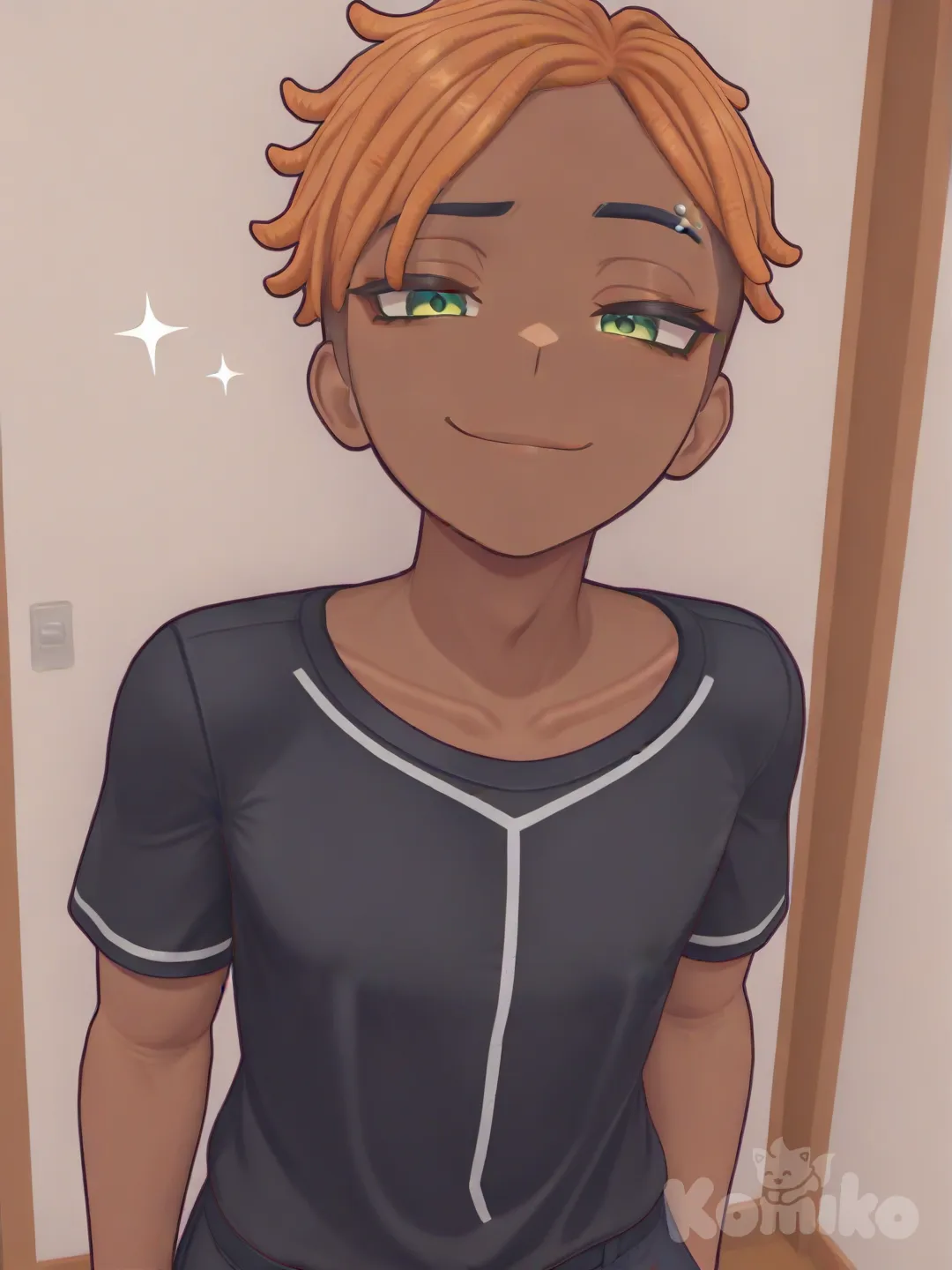 1boy, smirk, t-shirt, dreadlocks, pixie cut, orange hair, green eyes, dark skin, dark-skinned male, eyebrow piercing, [3d-anime-game-style]