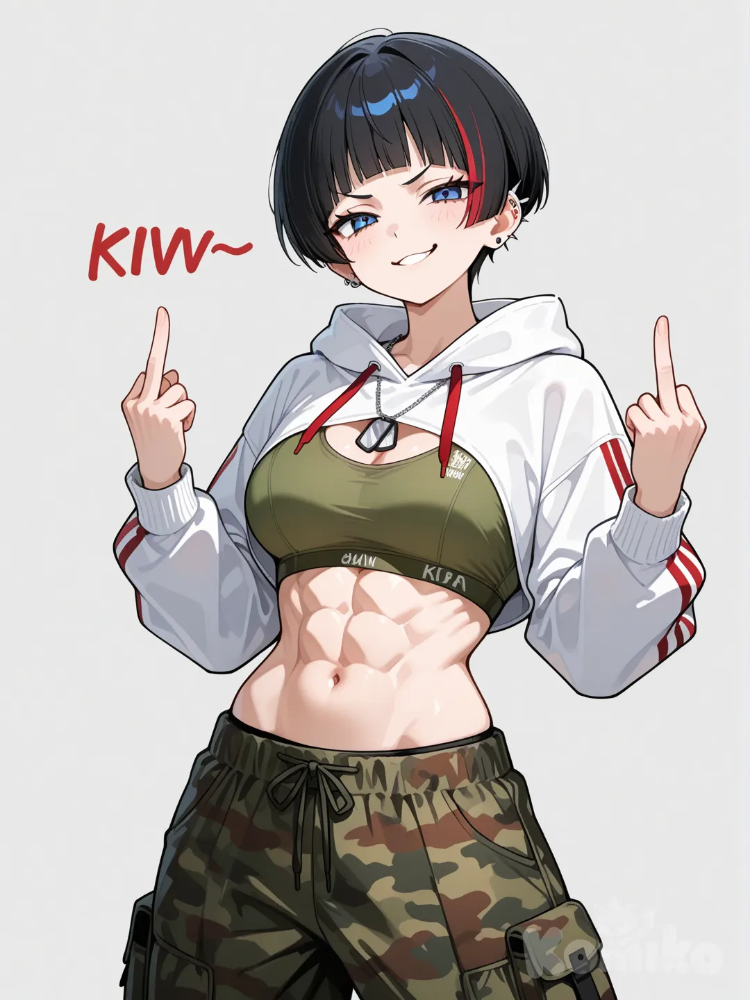 1girl, straight bangs, undercut, black hair, streaked hair, red hair, blue eyes, smug, sports bra, green bra, camouflage pants, cargo pants, hoodie, cropped hoodie, white hoodie, hoodie with red stripe, ear piercing, spiked ear piercing, dog tags, abs, middle finger, dynamic pose, bowl cut