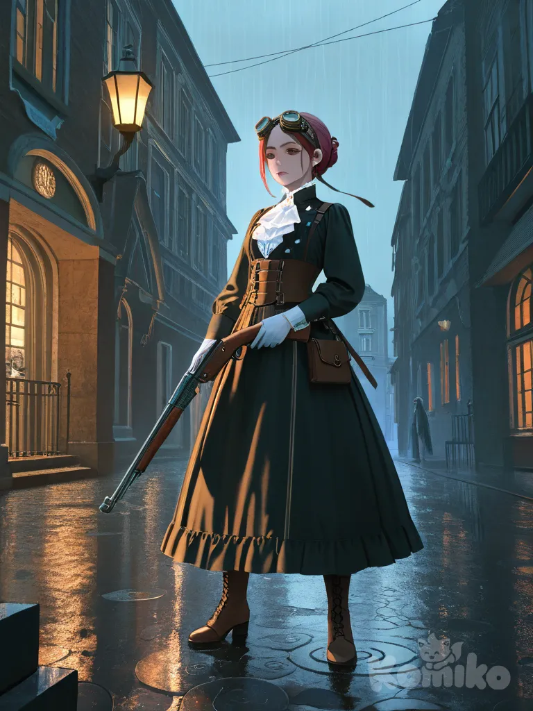 action_manga_style, chica, vestimenta_steampunk_victoriano, gun, updo, steampunk_goggles, full_body, ultra_wide_shot, cinematic_lighting, rainy, detailed_background, atmospheric, dramatic_pose