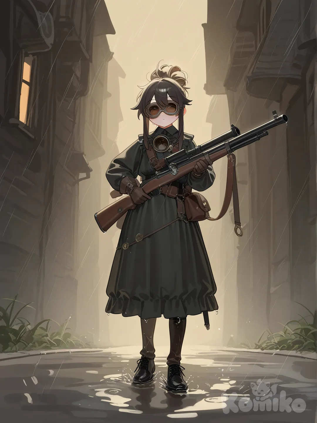 action-manga-style], una chica, vestimenta steampunk victoriano, holding gun, updo, steampunk goggle, full body, ultra-wide shot, cinematic lighting, rainy