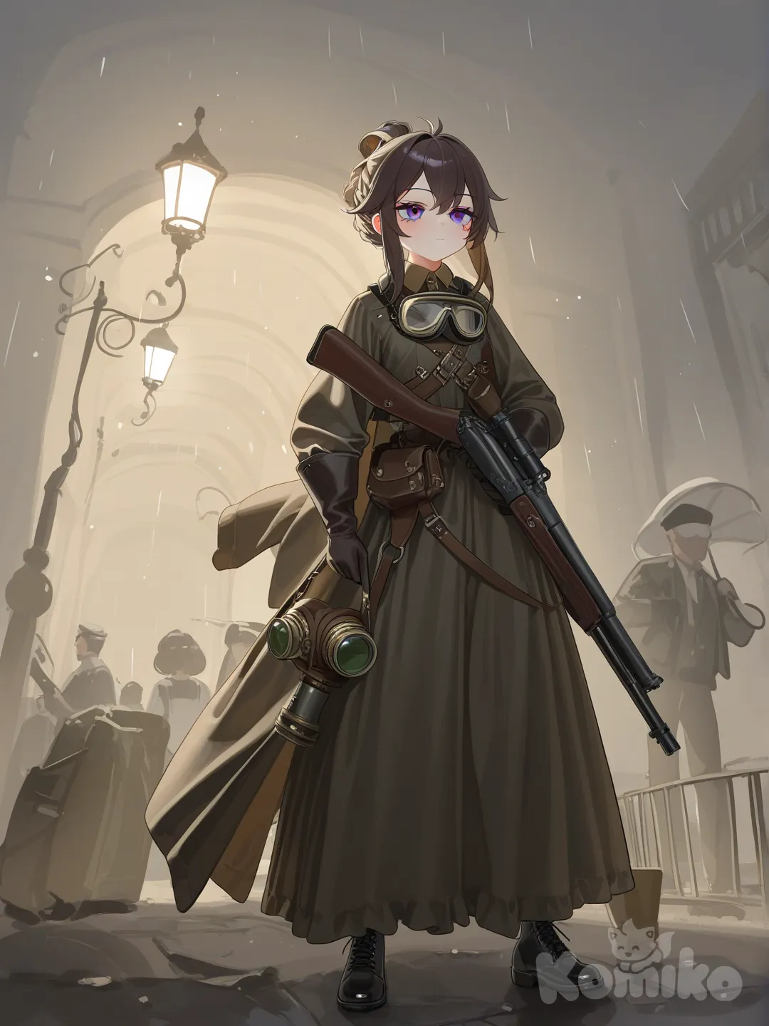 action-manga-style], una chica, vestimenta steampunk victoriano, holding gun, updo, steampunk goggle, full body, ultra-wide shot, cinematic lighting, rainy