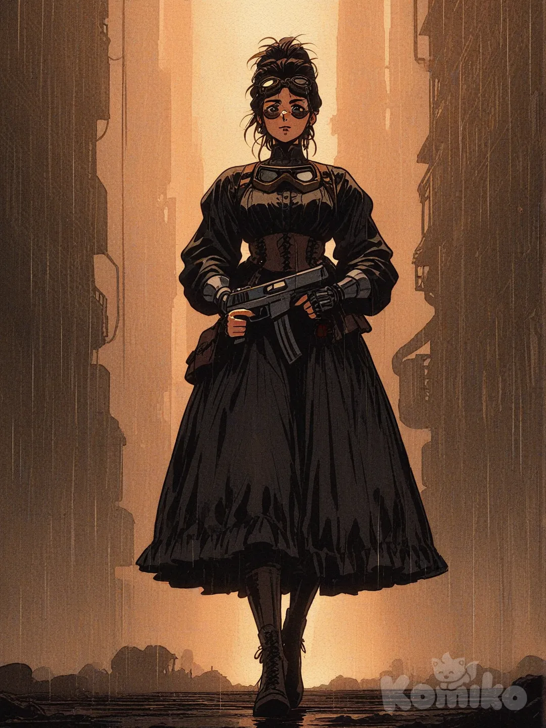 action-manga-style], una chica, vestimenta steampunk victoriano, holding gun, updo, steampunk goggle, full body, ultra-wide shot, cinematic lighting, rainy