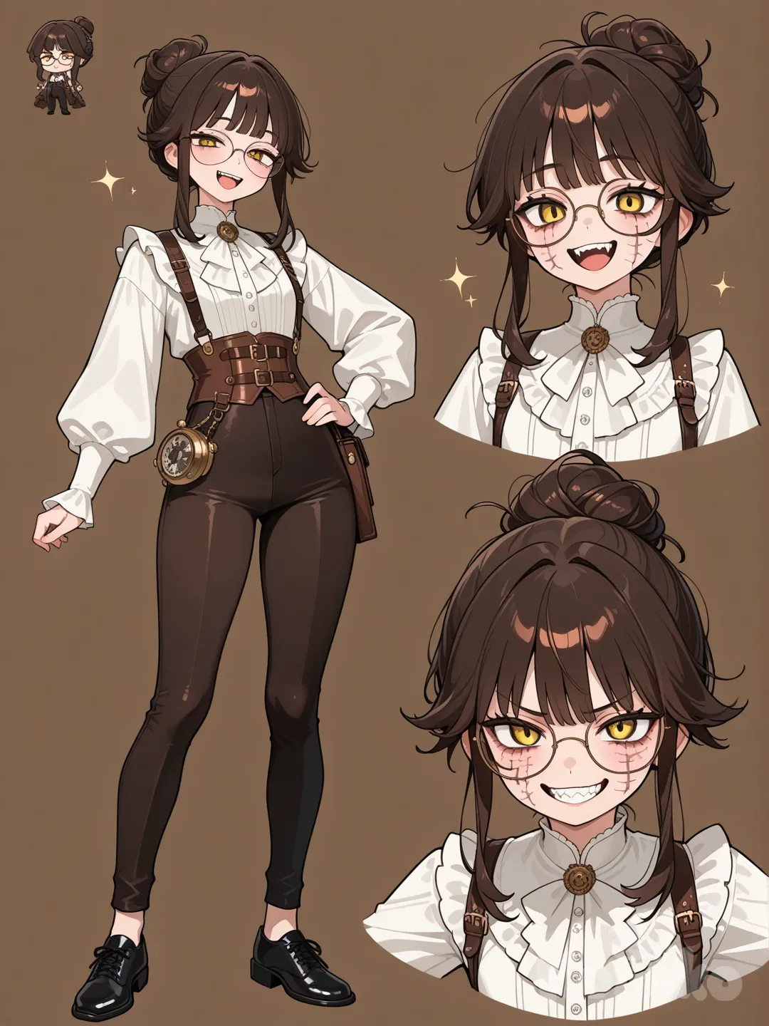 Joven adulta, full body, camisa manga larga blanca, outfit Steampunk victoriano con pantalón ajustado, sonrisa de dientes expresiva, cabello recogido con dos flequillos, y con gafas, varios angulos de vista, rasgos faciales más definidos
