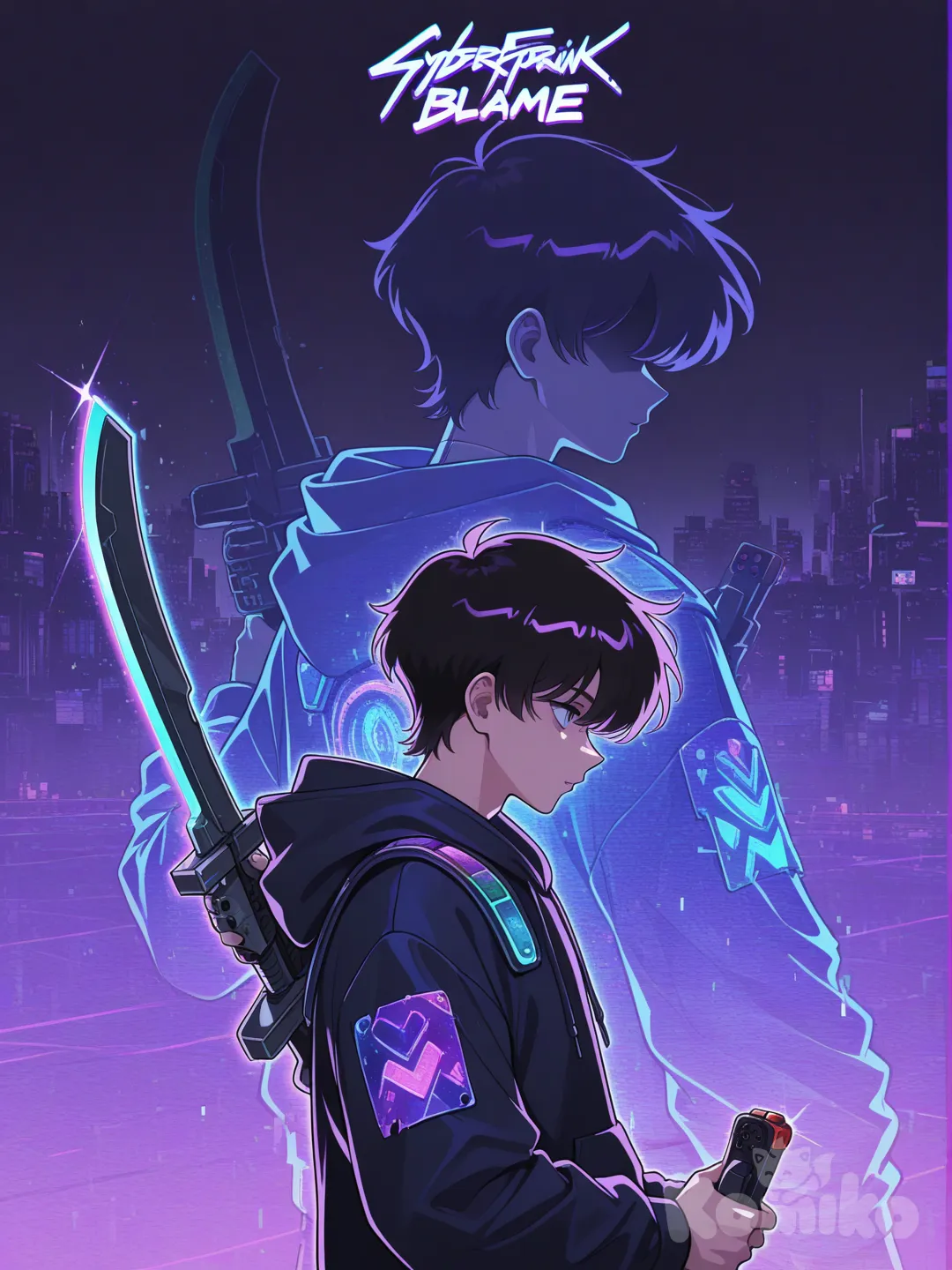 Imagine JoystickPhantom (male) as a rogue cyber-warrior who embodies both the nostalgia of 90s arcade gaming and the high-tech chaos of a dystopian future. Their appearance is a blend of retro and futuristic styles—wearing a worn oversized hoodie with pixelated patches and glowing neon wires crisscrossing their body. Their face is hidden by the hood, In one hand, they wield an old-school joystick weapon that can transform into various tools and weapons—think a hybrid of a sword and a game controller. Their silhouette appears ghostly, flickering in and out of existence, as if they are a glitch in the system. The background is a cityscape filled with glitching holograms and flickering lights, with elements of old-school arcades fused with cyberpunk technology., closeup, upper body, side profile photo, neon lights, multiple views