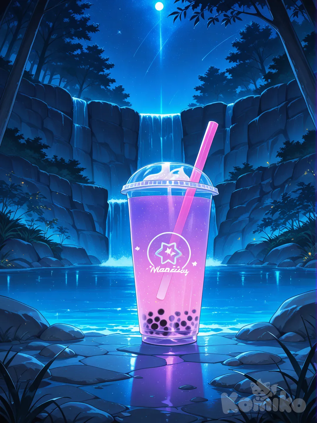 bubble tea, night, waterfall
