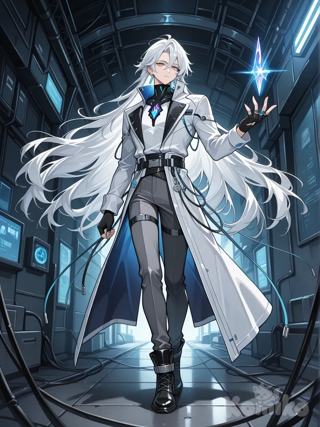 Anime man, he has long white hair up to the nape of his neck, silver eyes, wearing a knee-length coat, asymmetrical shape, slightly longer on the right side. The inner shirt is a high-neck shirt that fits the body, silver white, and a small core crystal on the chest, wearing black half-finger gloves, on the back of the hand, there is a holographic data ring, black and gray pants, on the side has a thin metal data cable, ankle boots, geometric earrings, and small waist accessories similar to data key. He look like a scientist.