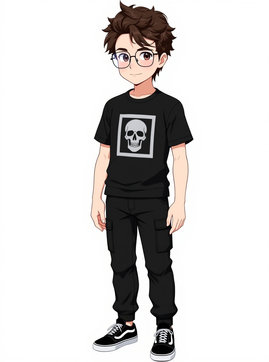 1boy, teenager, slim, brown hair, brown eyes, fair skin, black cargo pants, black vans sneakers, black t-shirt with grey skull, square glasses with rounded edges, single character, full body, looking at viewer, anime style, simple background, white background