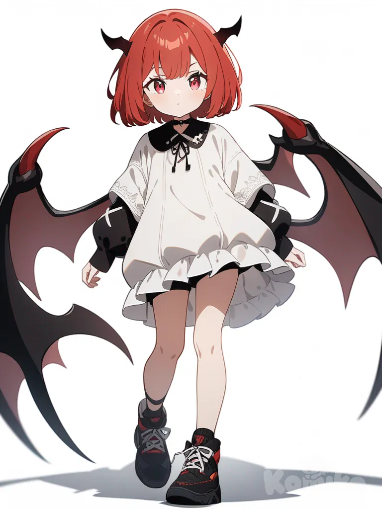 1girl, demon, teenager, petite, bob cut, red hair, red eyes, fair skin, single character, full body, looking at viewer, anime style, simple background, white background