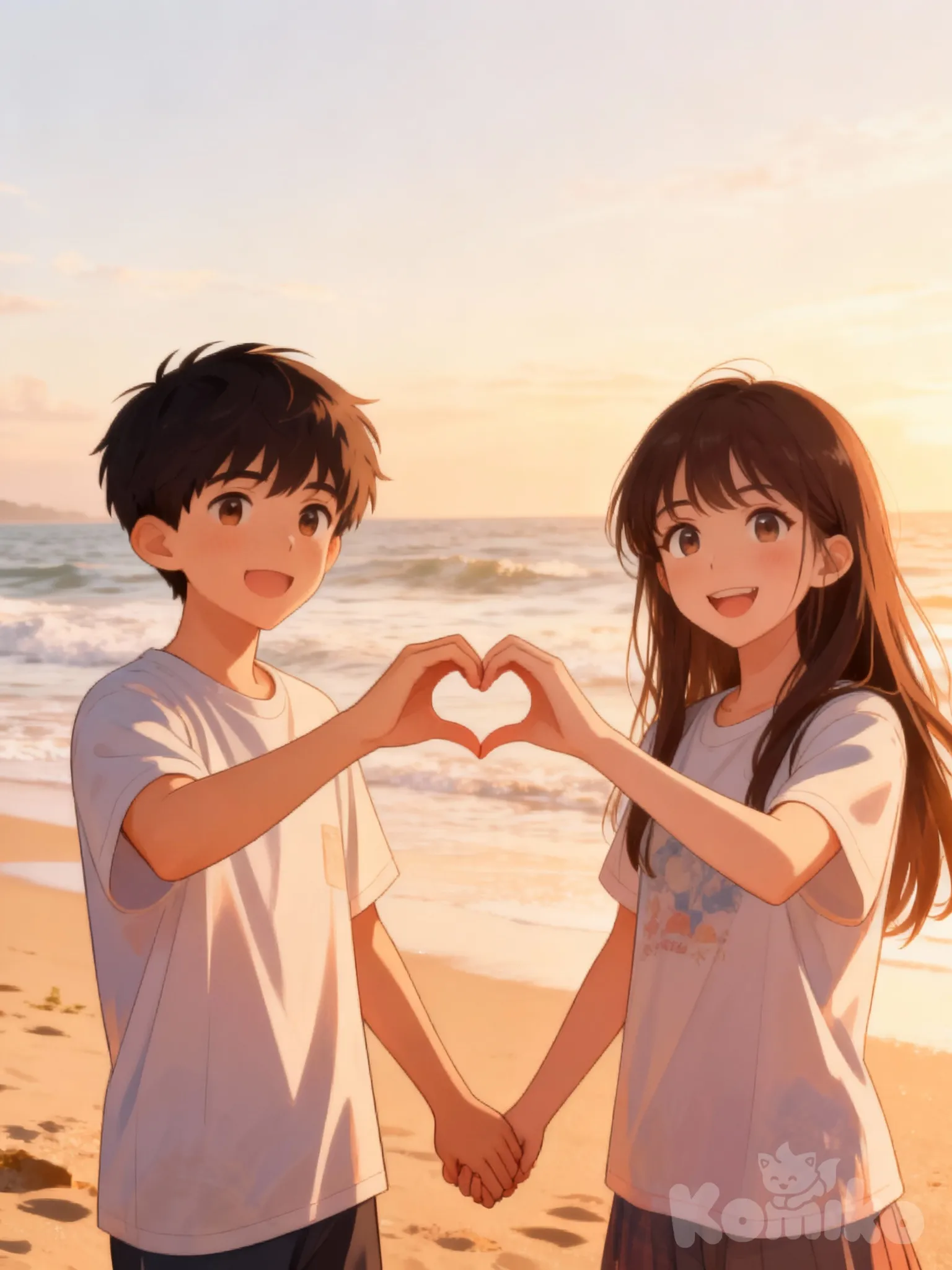 holding hands on the beach, 1boy, 1girl, 2people, heart hands, t-shirt