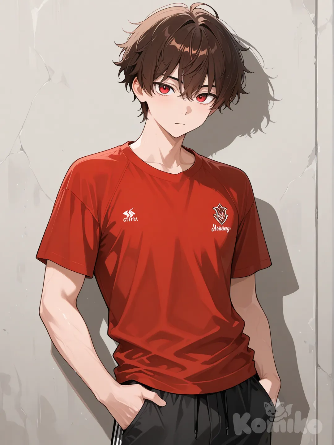 Boy, red shirt, red eyes, Athletic, brown hair