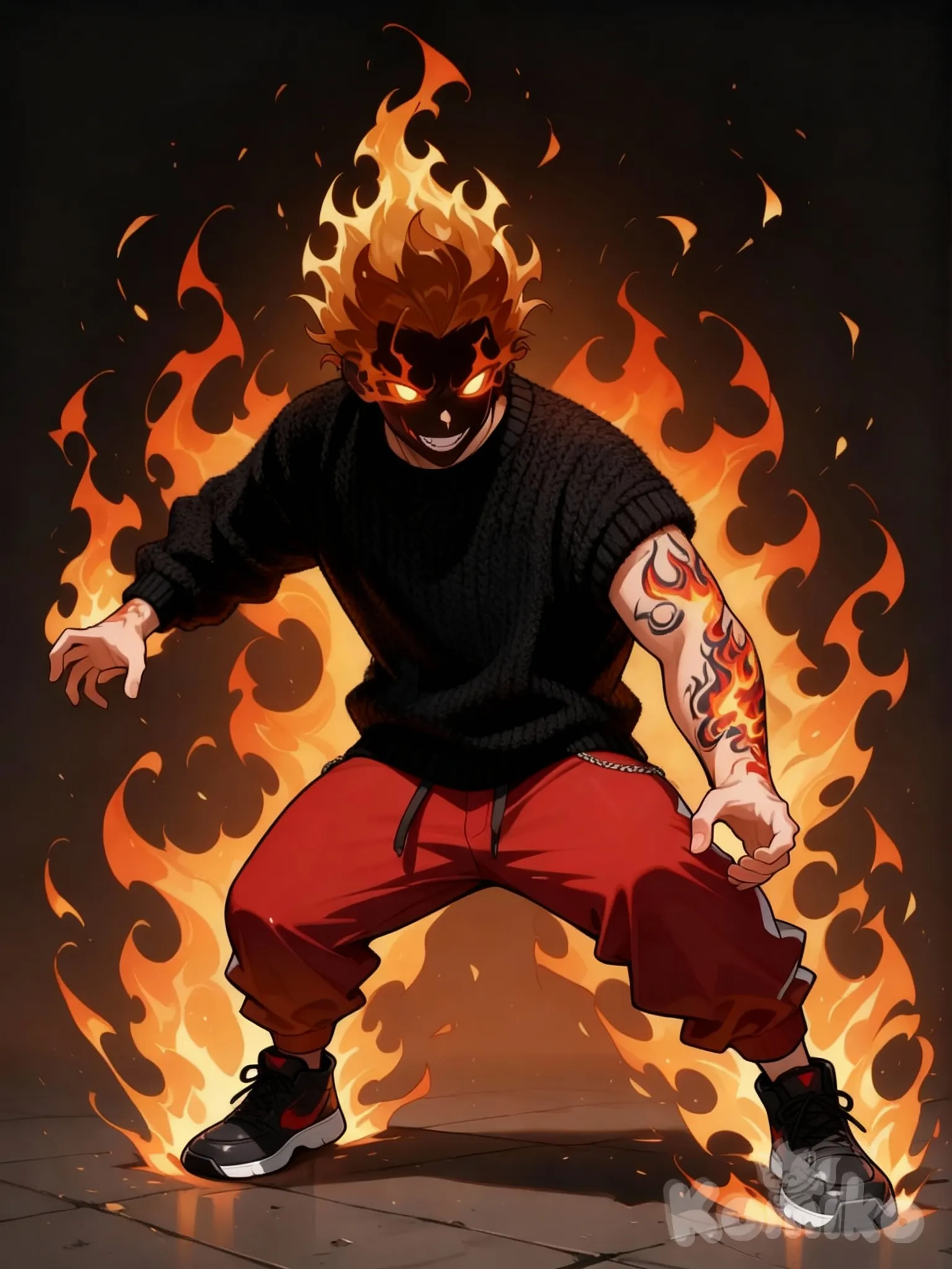 a guy with a black sweater, fire aura, red pants, and a fire tattoo brownd hair