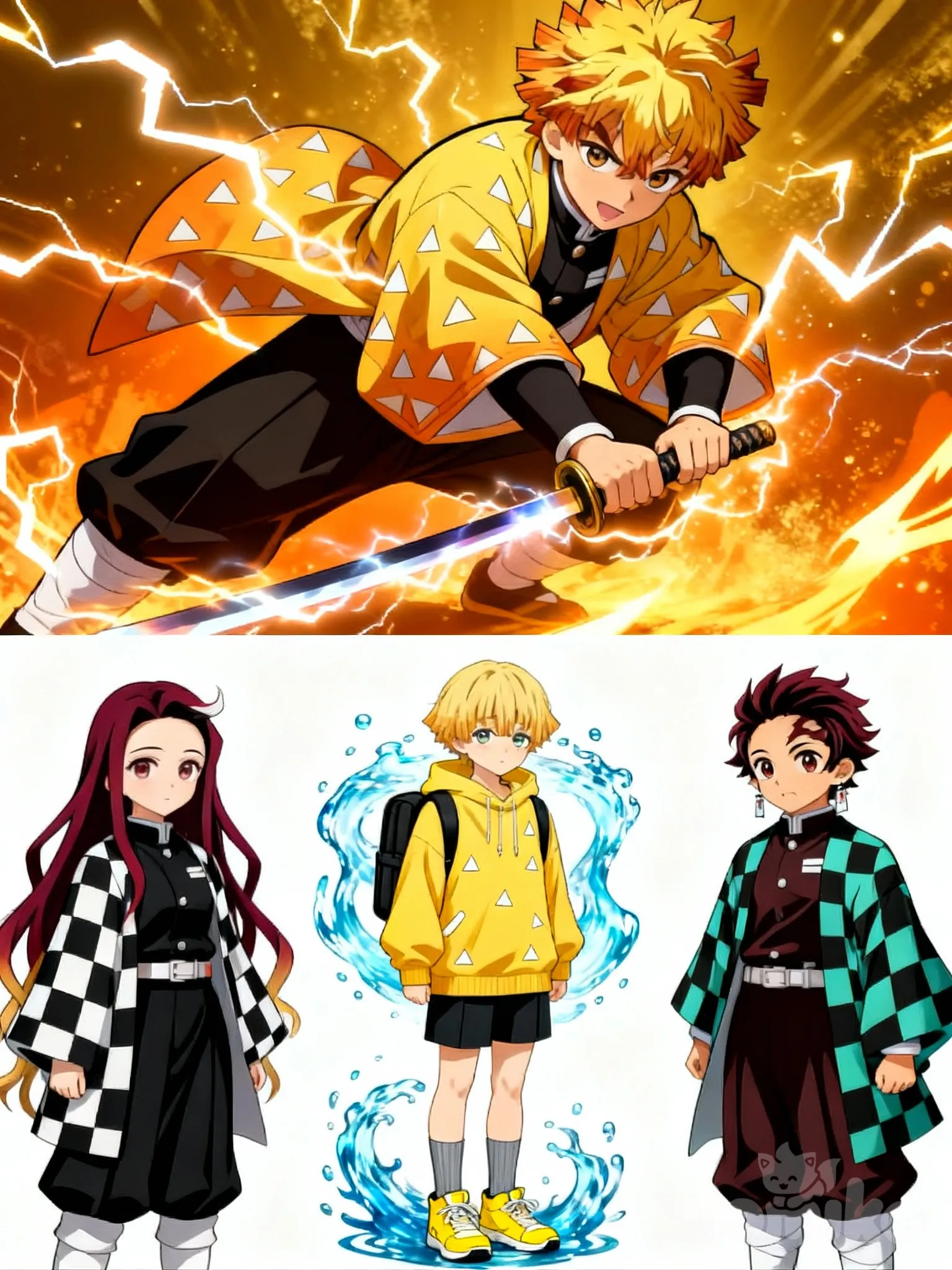 images (2) make him rlly cool whith lintning arua arond him whith tolkitou whith wader arua , @Tokitou_Muichirou, @Agatsuma_Zenitsu, 2boys make the girl look more like Tanjiro Kamado