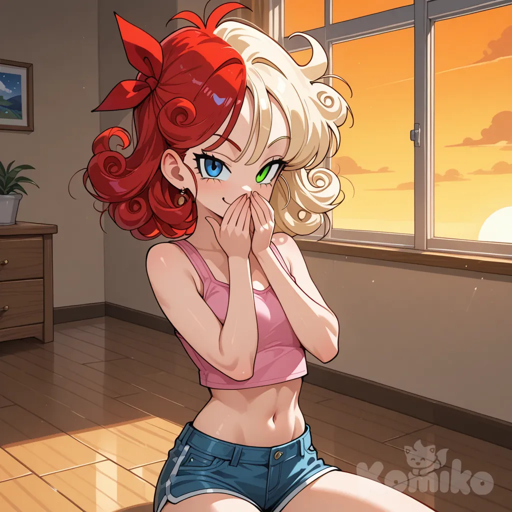 1girl, solo, launch(dragon ball) exact character features as series, duality, half blue curly hair half blonde curly hair, red ribbon in hair, blue eyes one side green eyes other side, surprised expression turning to mischievous smirk, looking at viewer, mid-sneeze transformation, playful pose, hands near face, curly hair, slim athletic build, pink tank top, short shorts, bare midriff, windblown hair strands, cozy room, twilight, soft warm lighting, wooden floor, window with sunset glow, very sharp focus