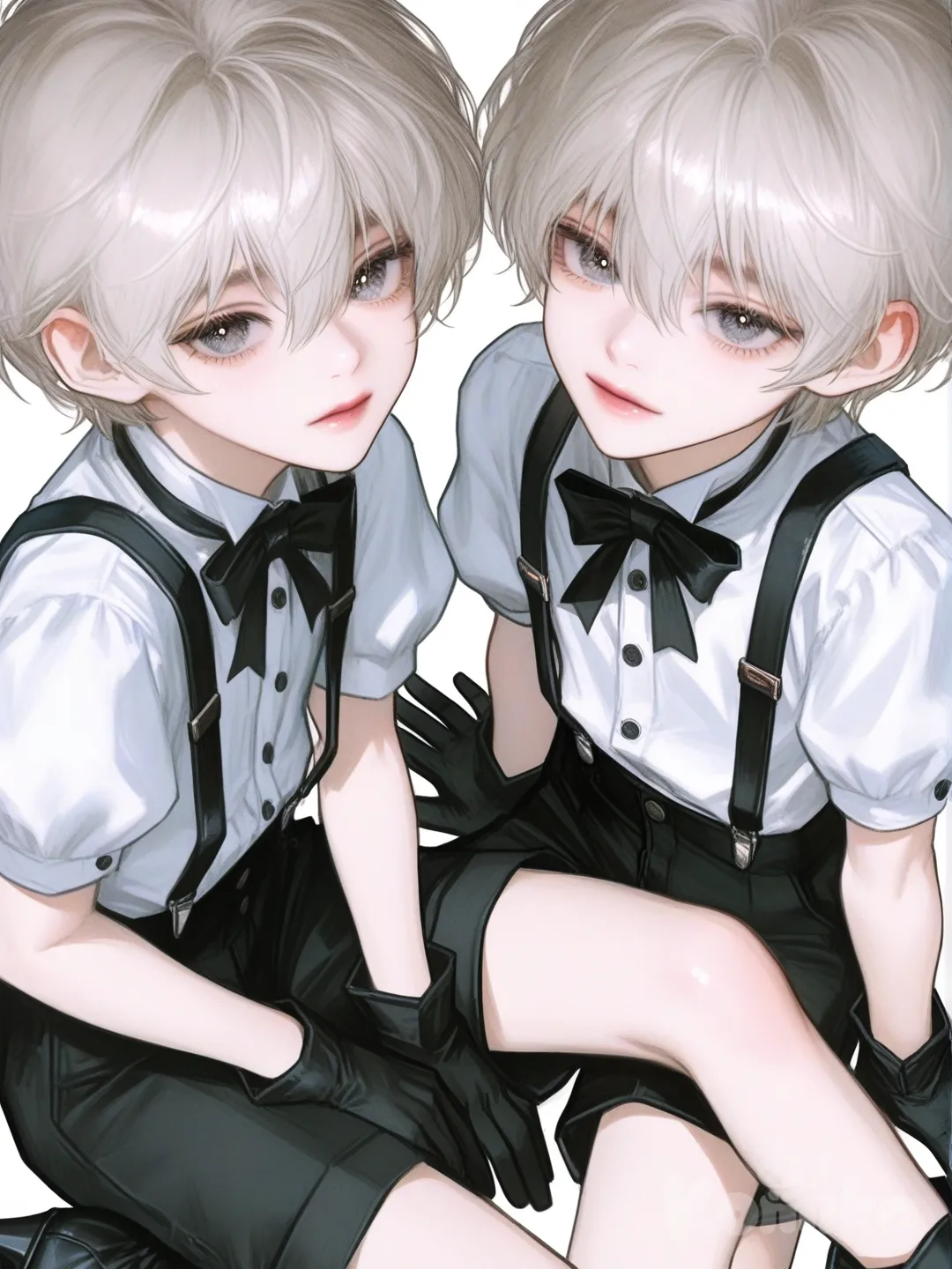 2boy, Twin, looking at viewer, short hair, bangs, simple background, shirt, gloves, white background, bow, hair between eyes, sitting, full body, white shirt, white hair, short sleeves, male focus, boots, shorts, black gloves, puffy sleeves, collared shirt, artist name, signature, bowtie, black footwear, grey eyes, black bow, buttons, black shorts, suspenders, high heel boots, black bowtie, ankle boots, suspender shorts, little boy, [semi-realistic-portrait-style]