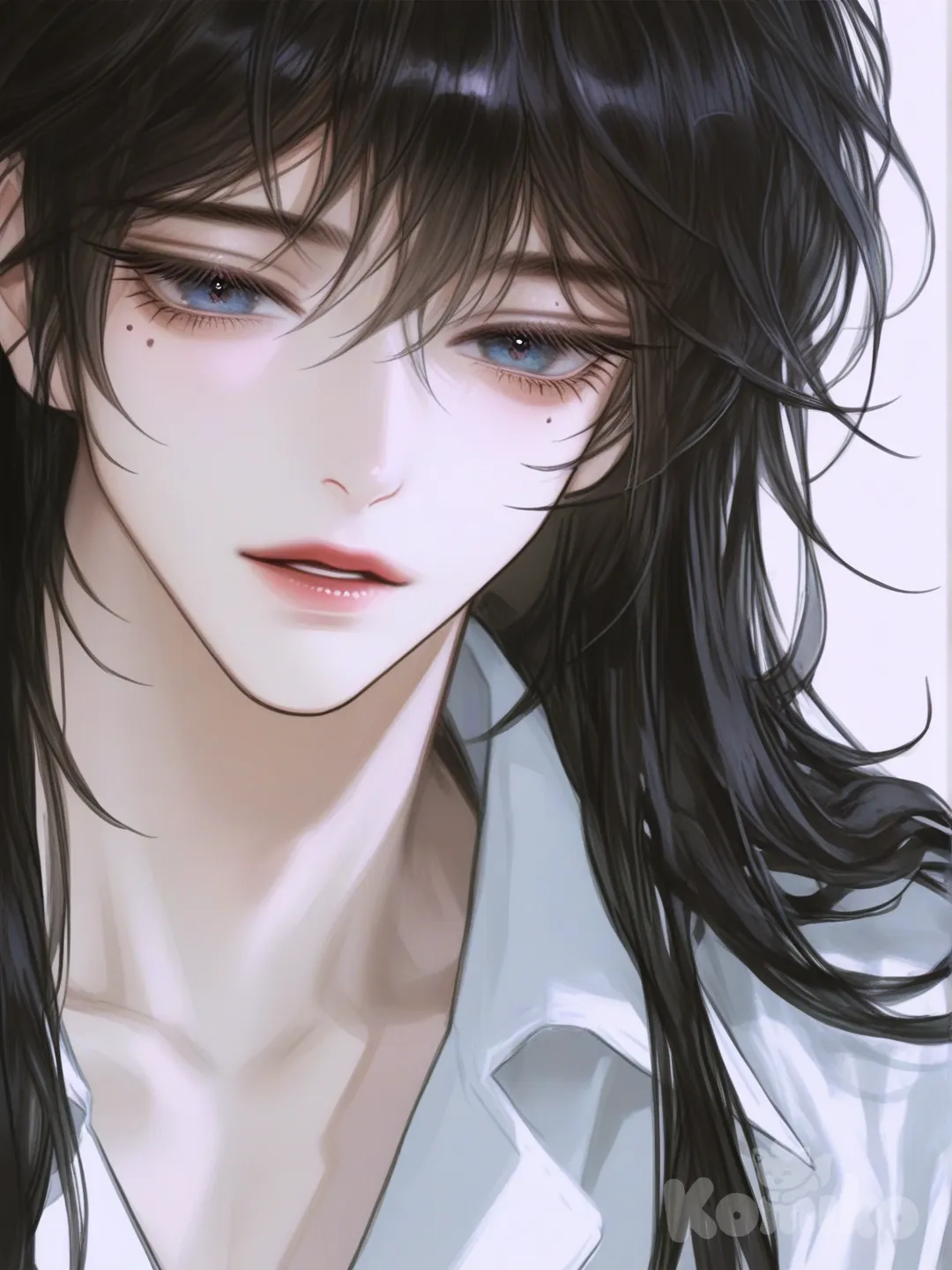 Male, A slender man with fair skin, a beautiful face, long eyelashes, blue eyes, a mole under his eye, long straight black hair reaching his hips, and wearing a Chinese-style collar shirt., [semi-realistic-portrait-style]