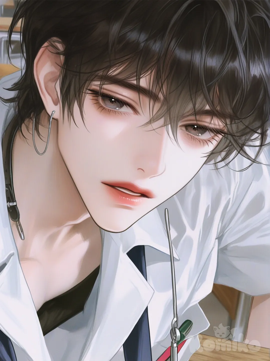 Male, 1boy, handsome face, short hair, black hair, earrings, classroom, Wearing a Thai school uniform, looking at viewer, upper body, [semi-realistic-portrait-style]