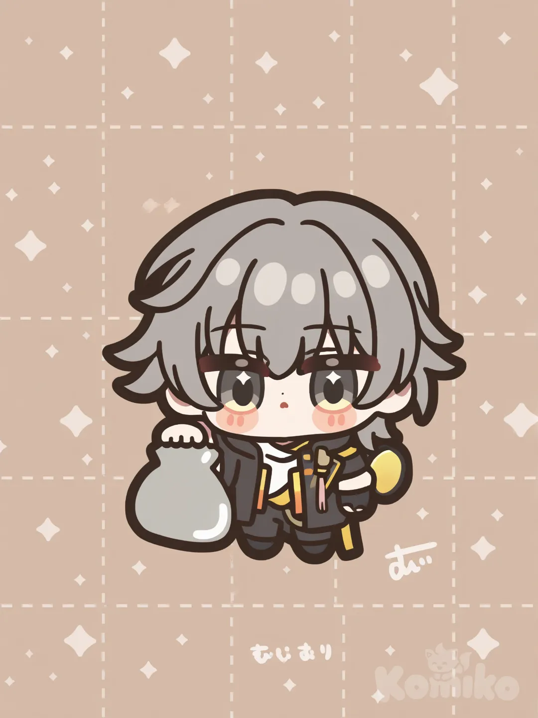 @Caelus_(Honkai:Star_Rail), chibi, playing with trash, [glossy-chibi-style]