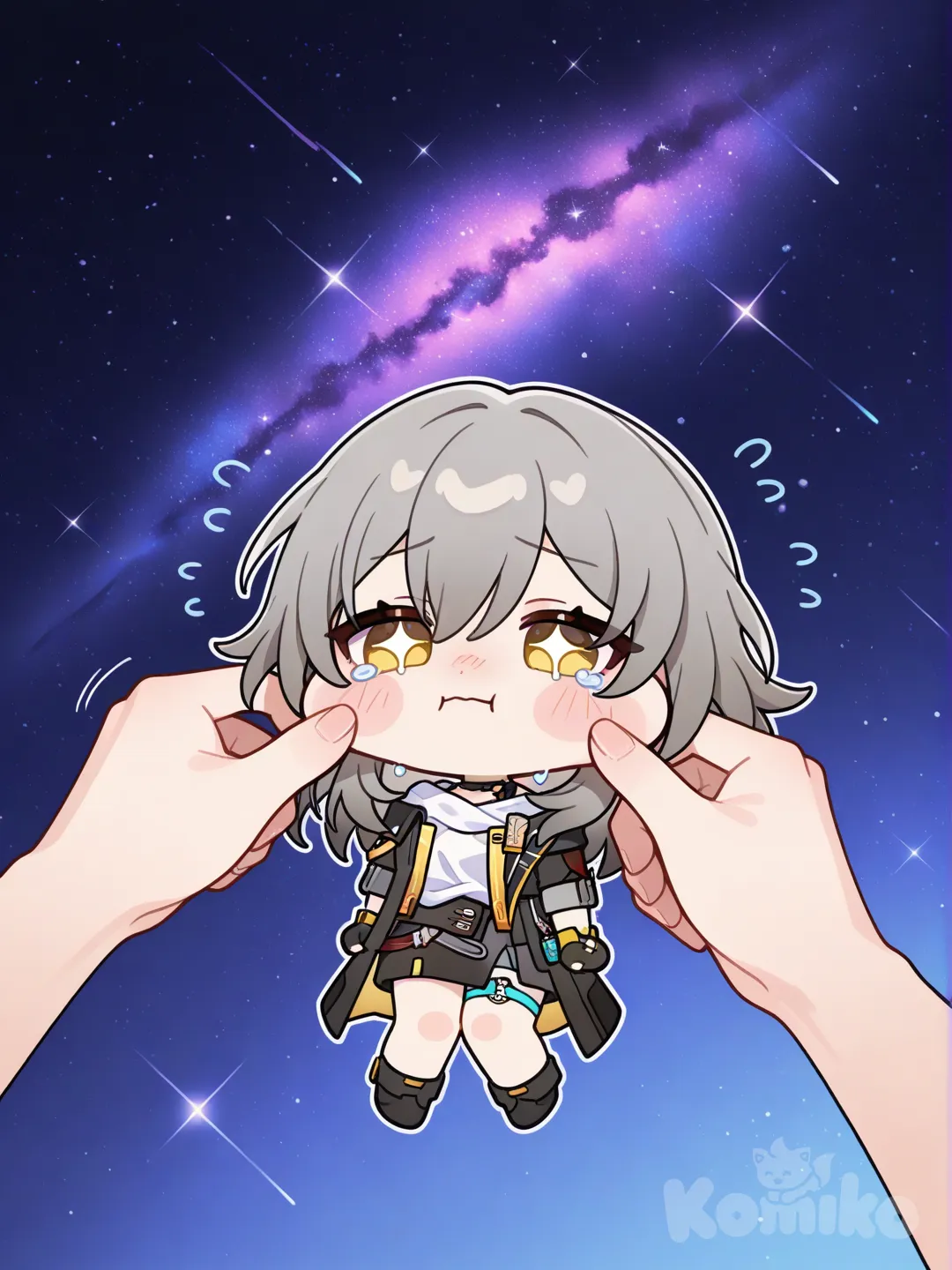 @Caelus_(Honkai:Star_Rail), face pinching @Stelle_(Honkai:Star_Rail) , crying, cosmic background, chibi