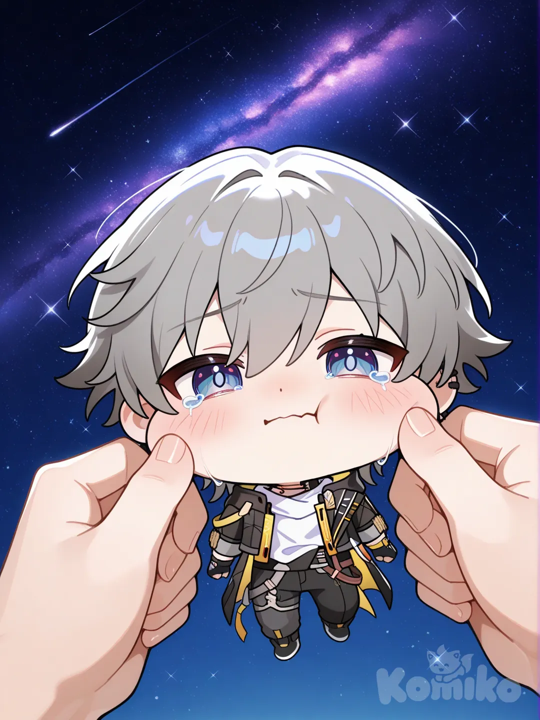 face pinching Caelus (Honkai:Star Rail) , crying, cosmic background, chibi