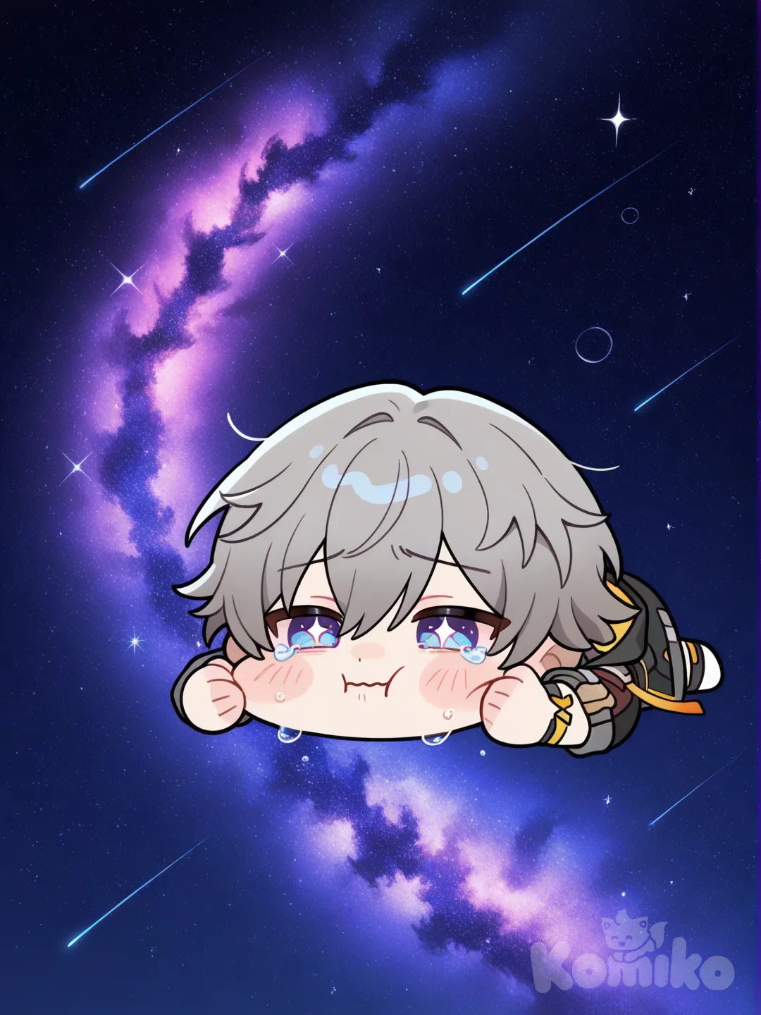 Caelus (Honkai:Star Rail), face pinching, crying, cosmic background, chibi