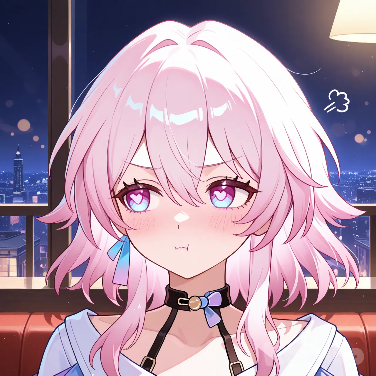 March 7Th (Honkai:Star Rail) , [glossy-anime-style], super blushed, love eye, sulk, cute, upper body, portrait, cinematic lighting, day, city lights, cafe, looking away