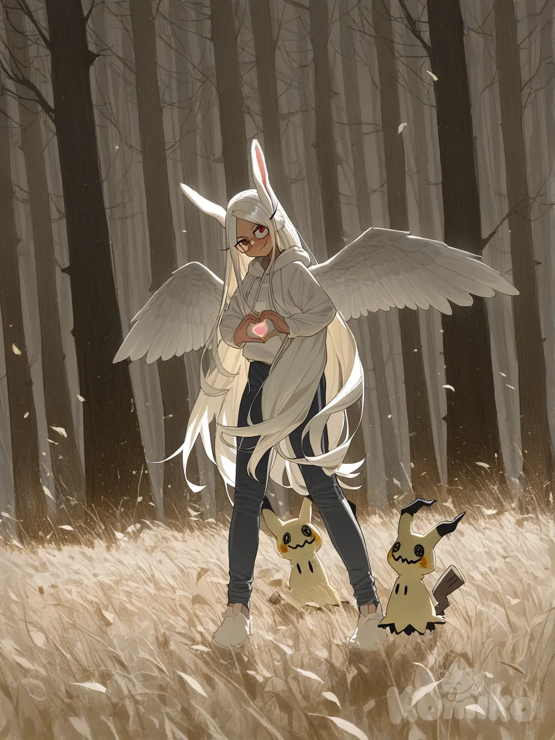 Mirko mixed with, Mimikyu, [lacquered-illustration-style], heart hands, looking back, blush, smile, hoodie, studs, lace, glasses, angle wings, hair accessory, hairpin, full body, side light, field, forest