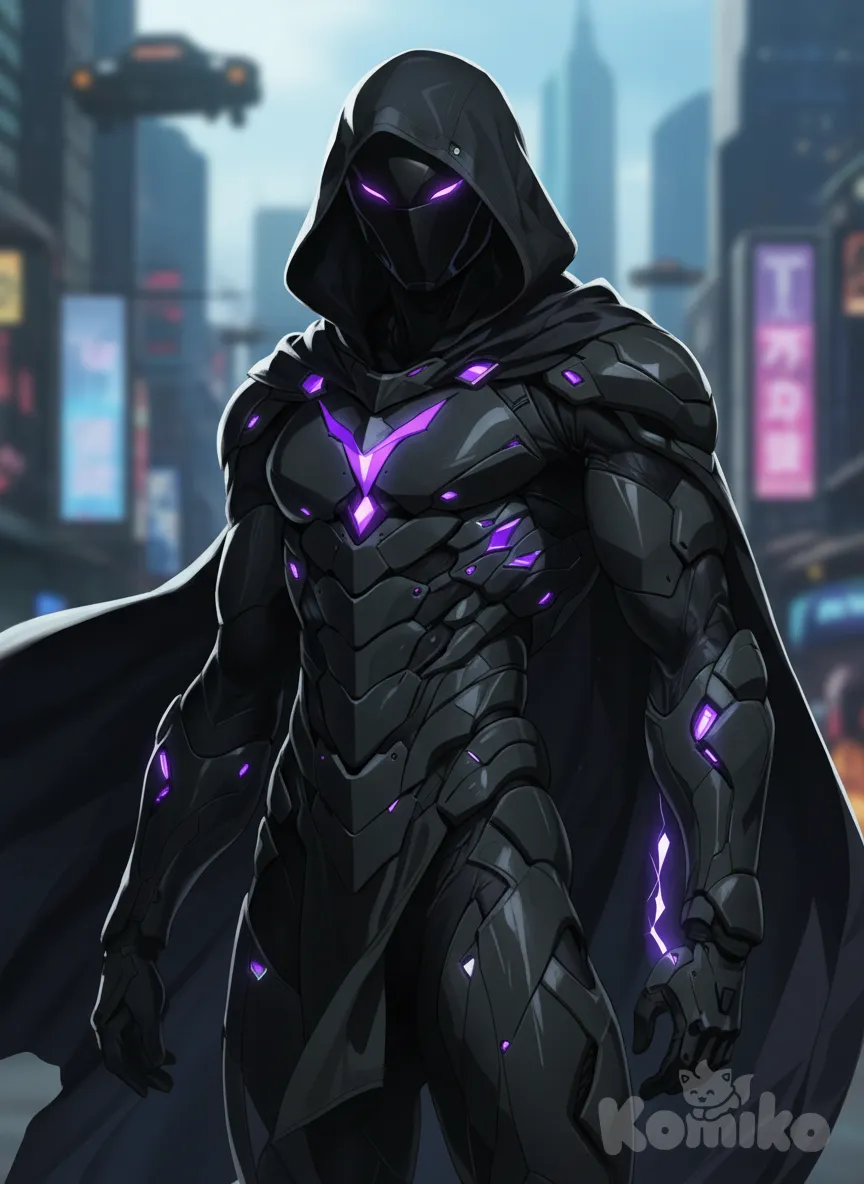 pure black armor, black cape, black mask, chromatic mask, futuristic armor